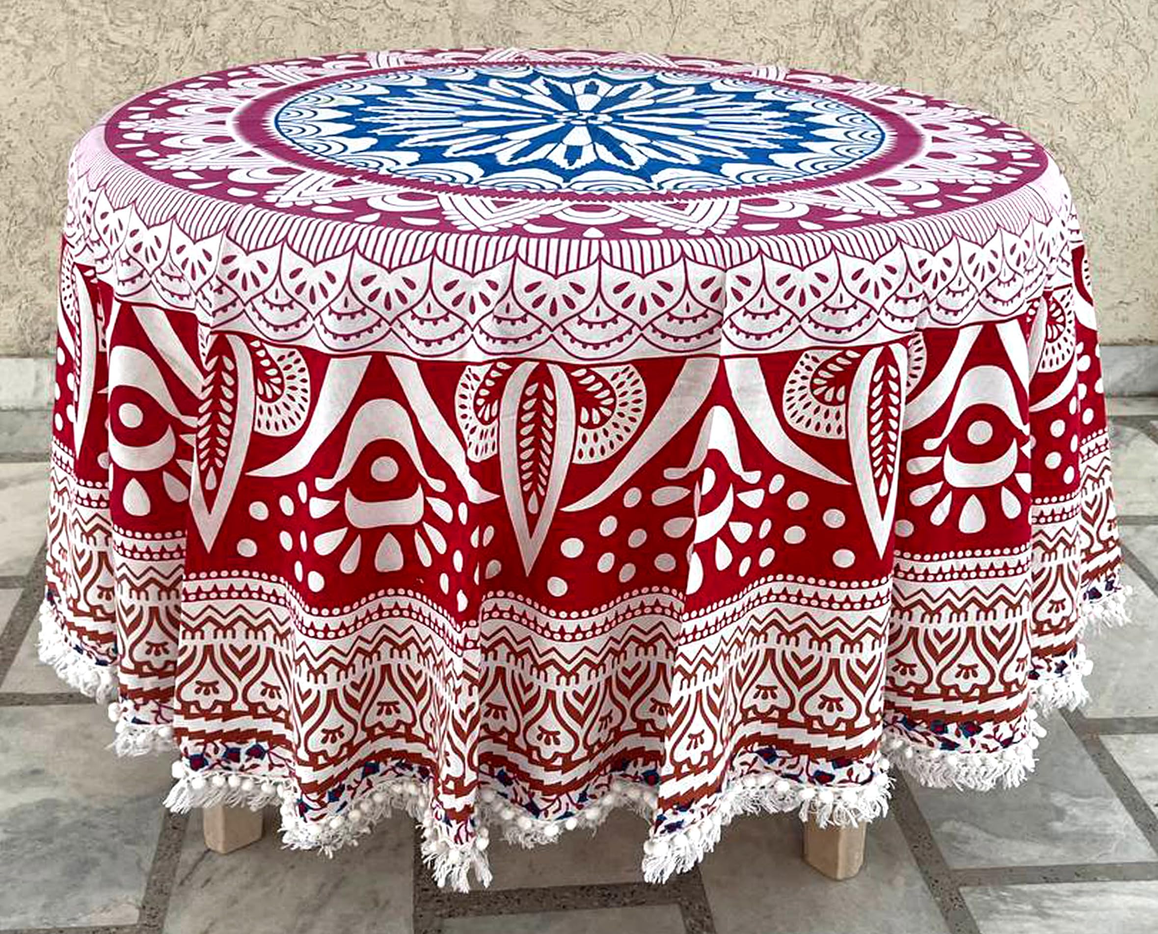 Round TableCover Pure Cotton Traditional Design 4 Seater Tablecloth with Yellow Fringed 65