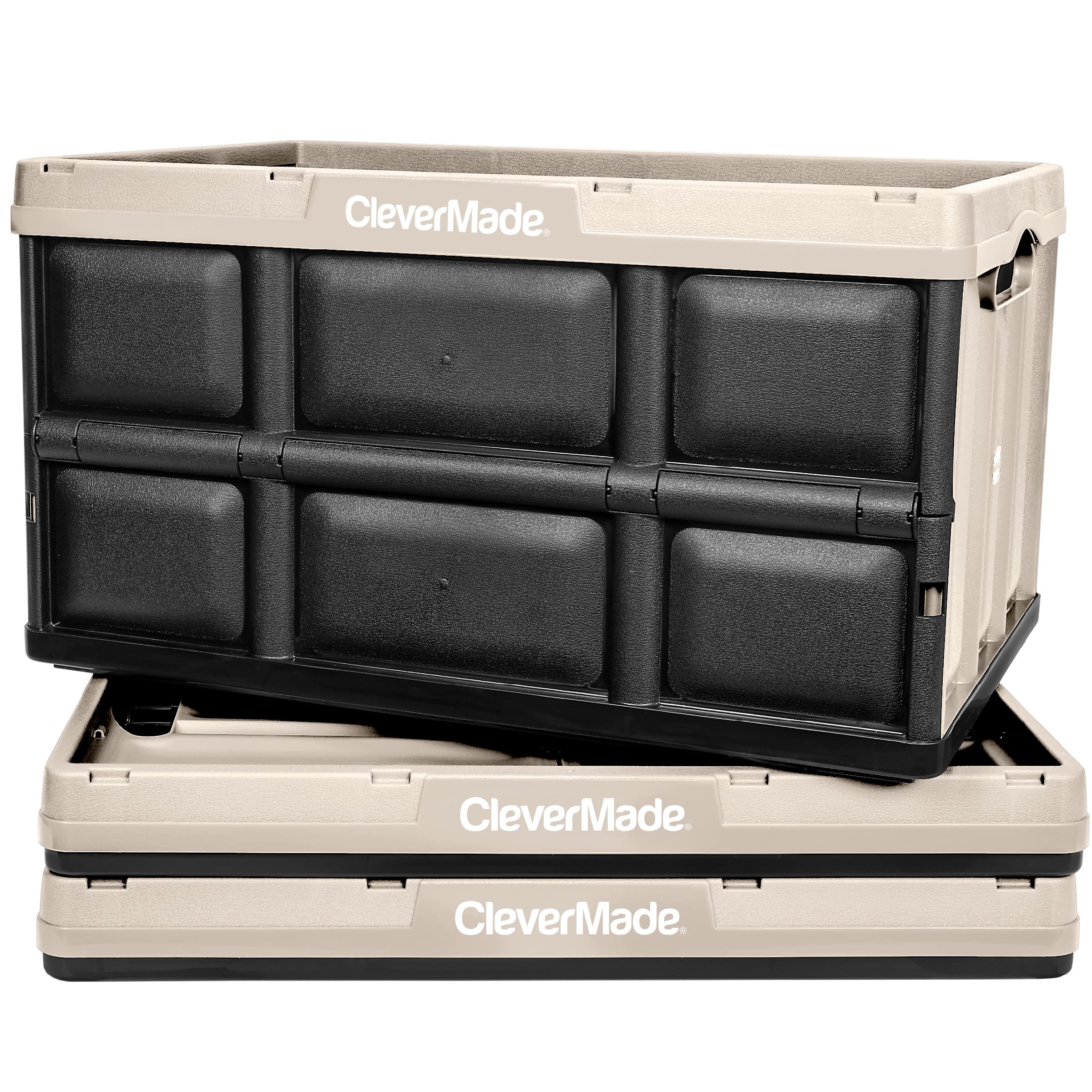 Clevermade Collapsible Storage Bin, Tan, 3Pk - 62L (16 Gal) Stackable Storage Containers, Holds 100Lbs Per Bin - Plastic Storage