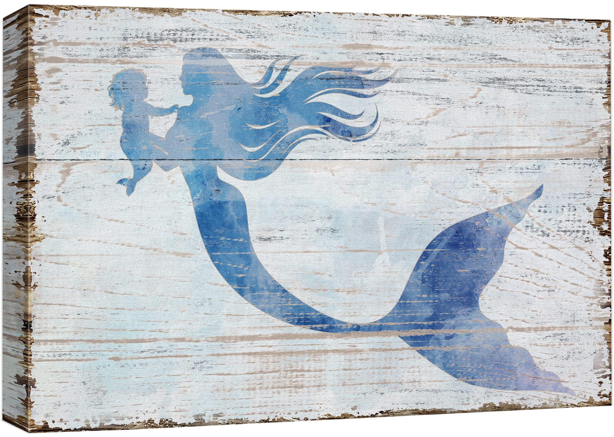 Wall26 Canvas Print Wall Art Mermaid & Baby Silhouettes On Wood Panels Fantasy & Sci-Fi Ocean Illustrations Modern Art Rustic Sc