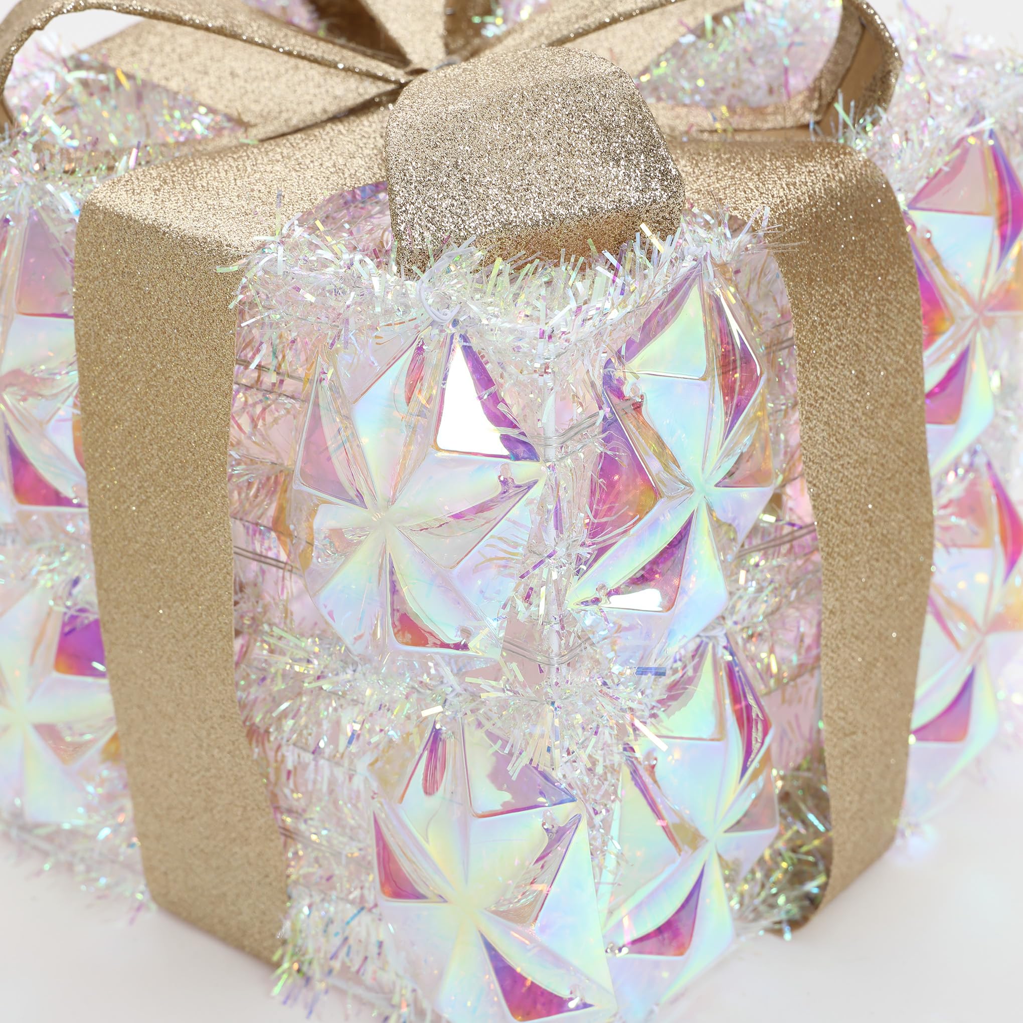 LuxenHome Set of 3 Lighted Gift Boxes, Plug-in Silver Prism with Gold Ribbon Bow Boxes with 70 LED Lights for Entryway, Lawn, Po