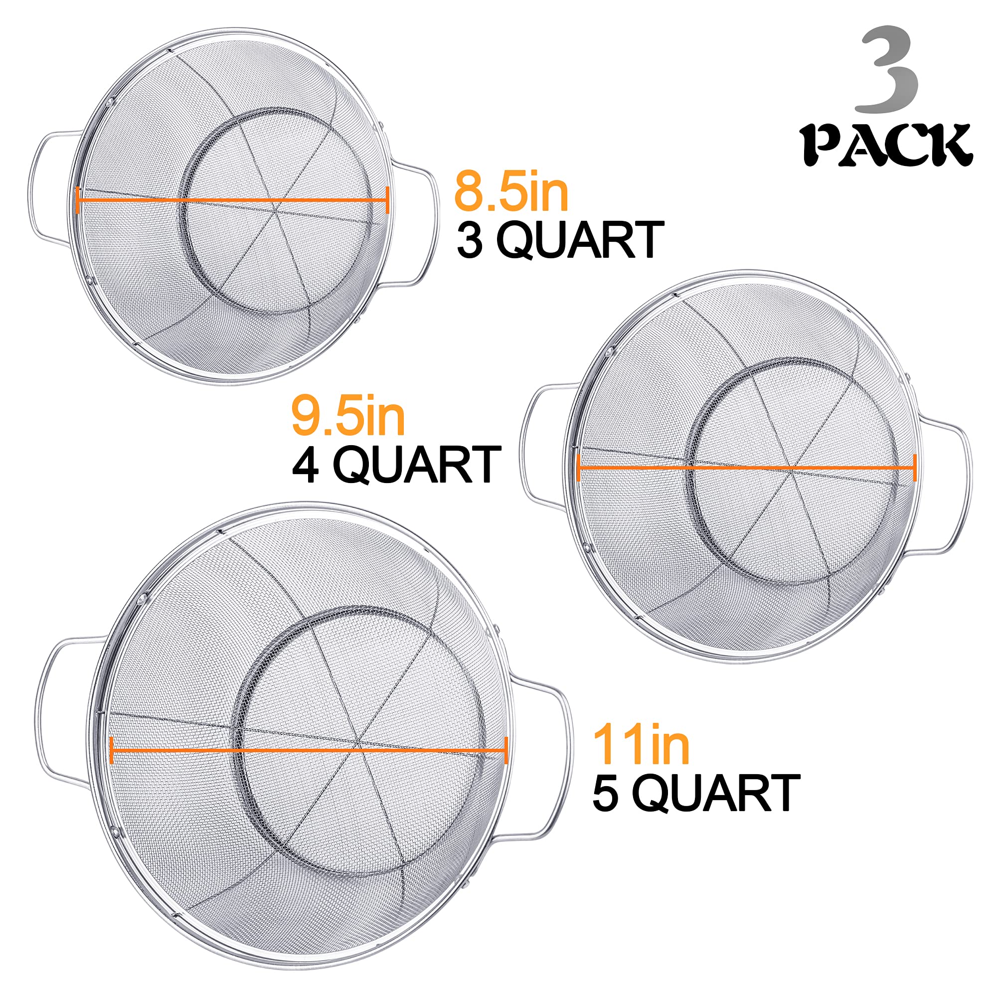 3 Pack 18/8 Stainless Steel Colander Sieves(5-Quart, 4-Quart And 3-Quart), Mesh Strainer Net Baskets With Handles & Resting Base