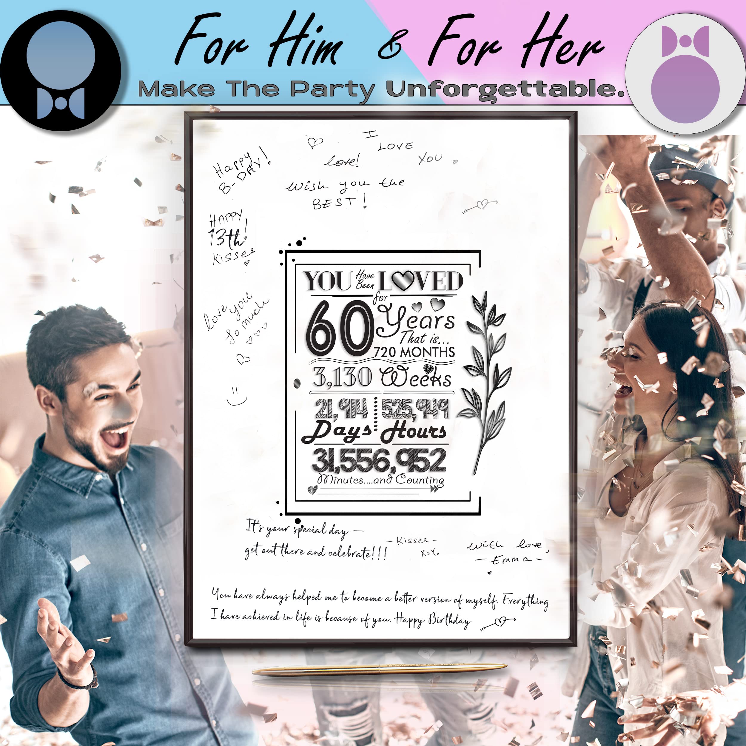 Framed 60Th Birthday Decorations Sign Poster For Men Women 12 ''X16 ''- 60 Birthday Party Favors, Guest Book Alternative - With