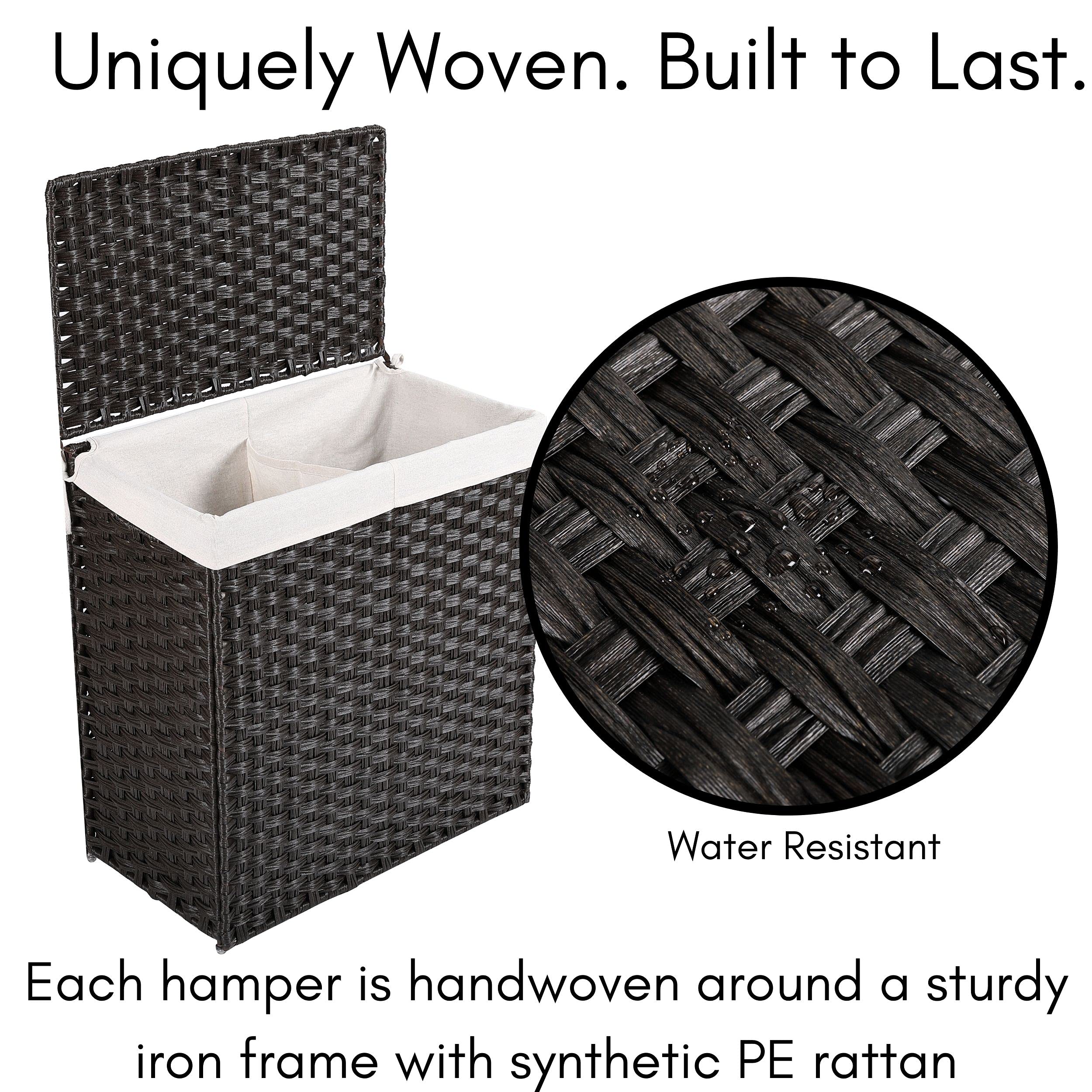 Hand Woven Divided Laundry Hamper With Lid | Double Sorter With Liner Bags | Large Collapsible Hampers | Foldable Bin | Syntheti