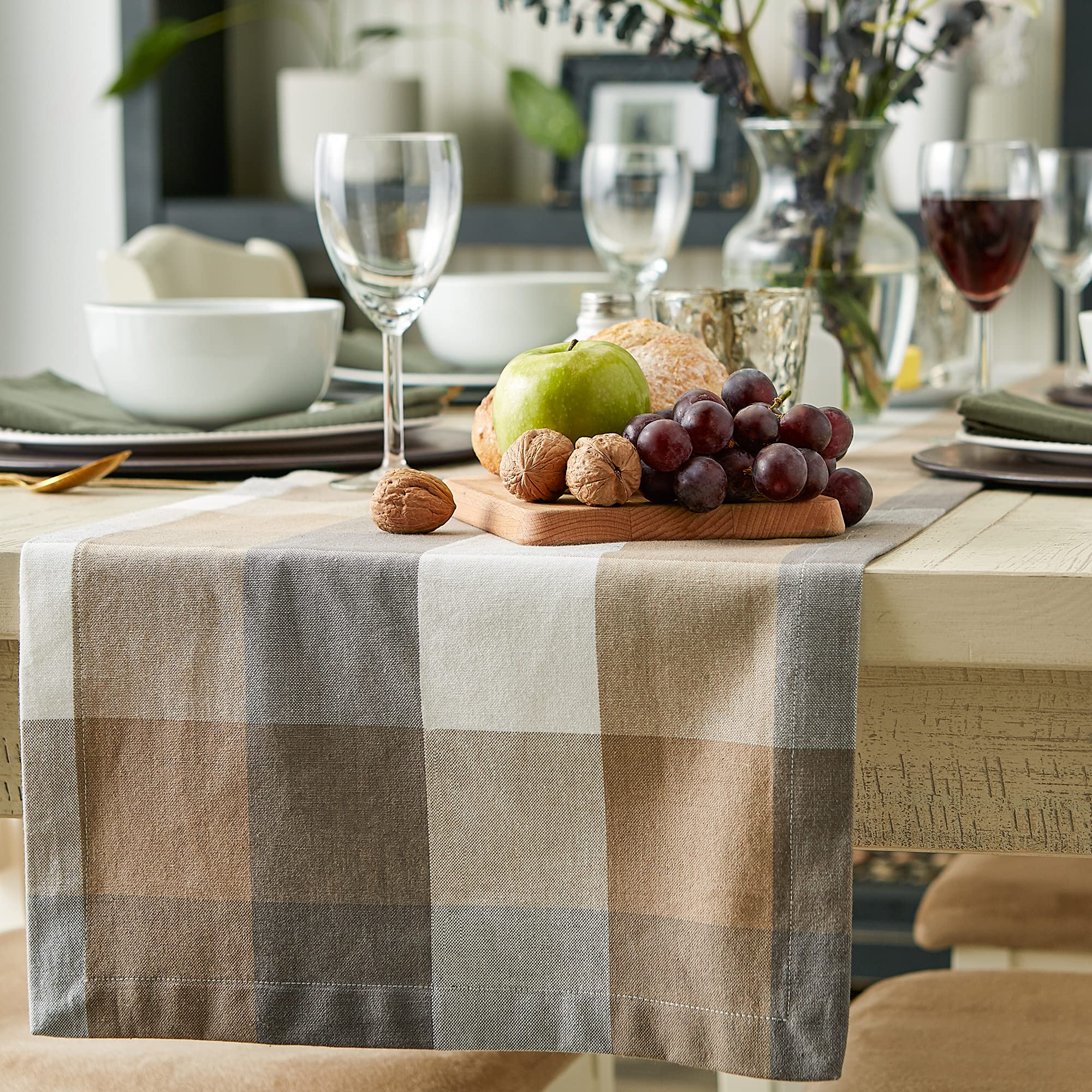 Dii Tri-Color Check Collection 100% Cotton Tabletop, Table Runner, 14X108, Stone