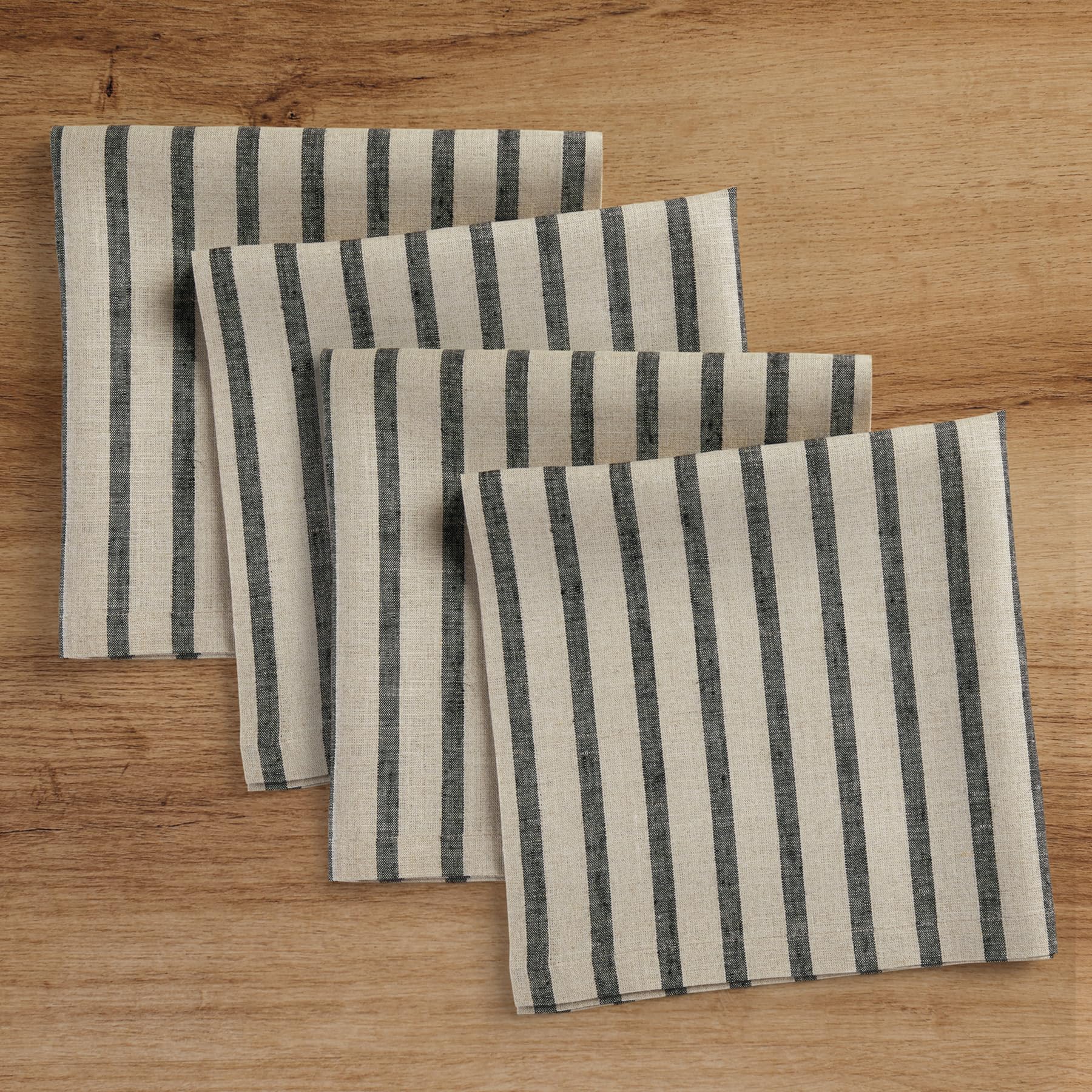 Solino Home Stripe Linen Dinner Napkins 20 X 20 Inch - 100% Pure Linen Black And Natural Cloth Napkins Set Of 4 - Madison Stripe