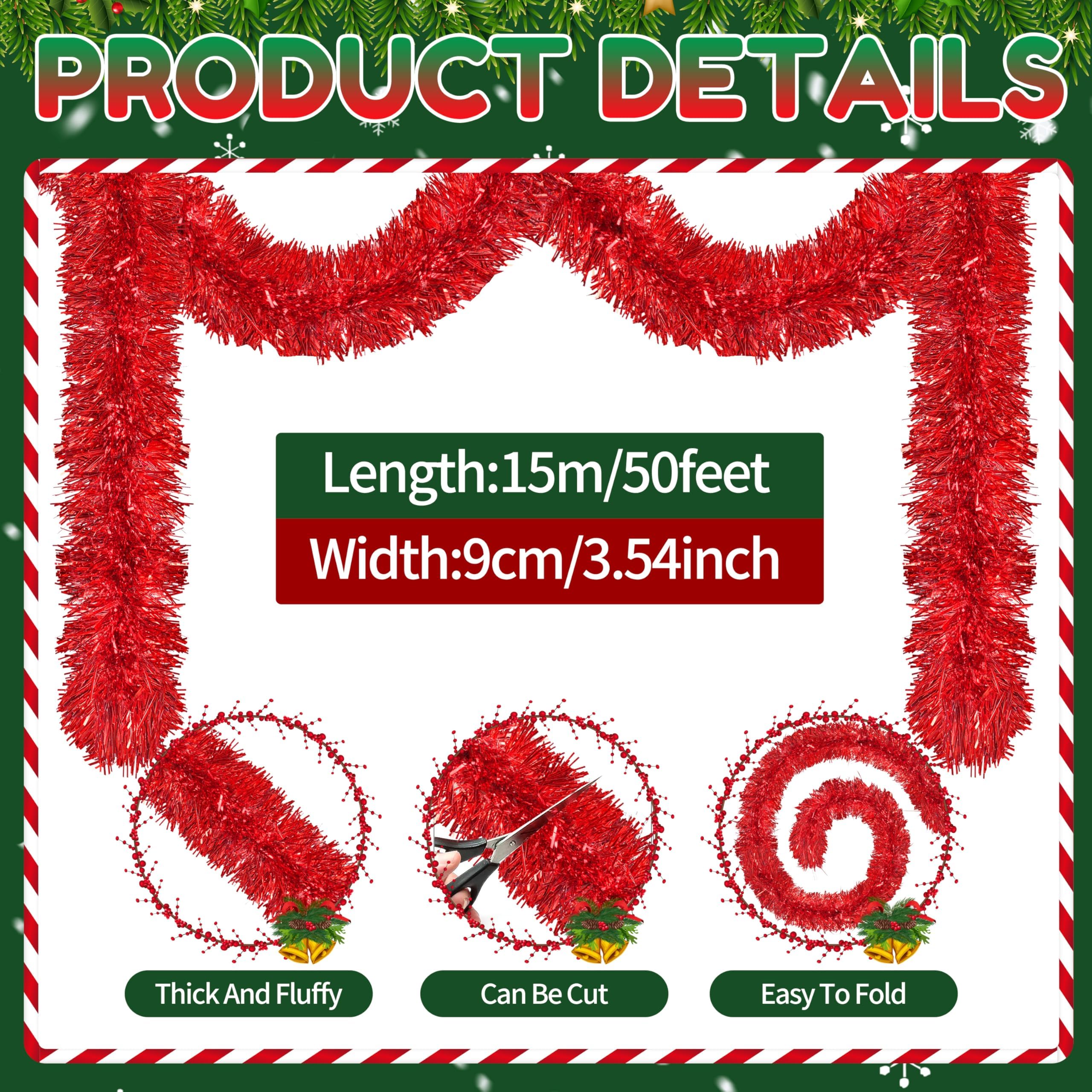 50 Ft Christmas Tinsel Garland Red Thick Tinsel Garland Xmas Tree Decorations Metallic Tinsel Twist Garland for Christmas, Birth