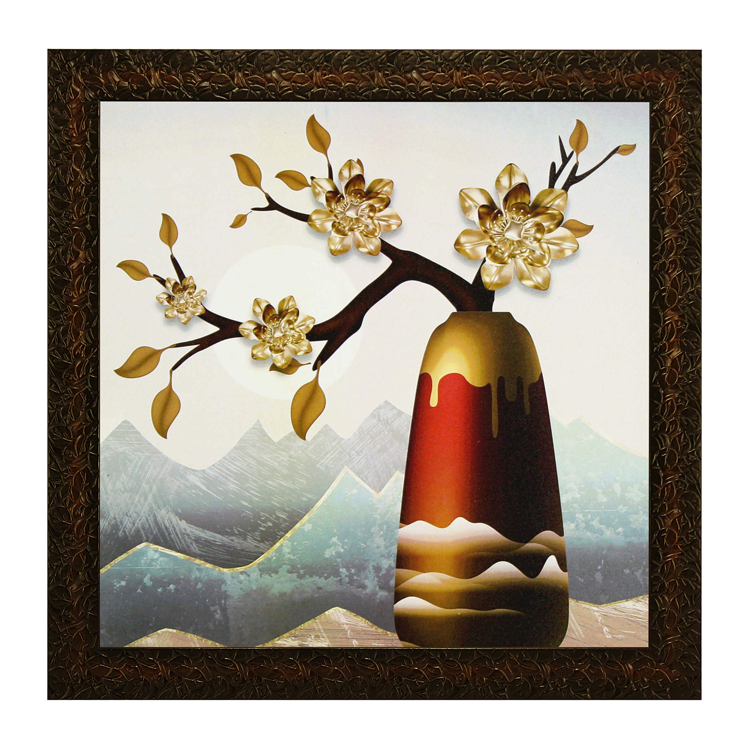 Indianara Set Of 3 Golden Flowers In Vases Framed Wall Hanging Laminated Paintings Matt Art Prints 9 Inch X 9 Inch Each Without