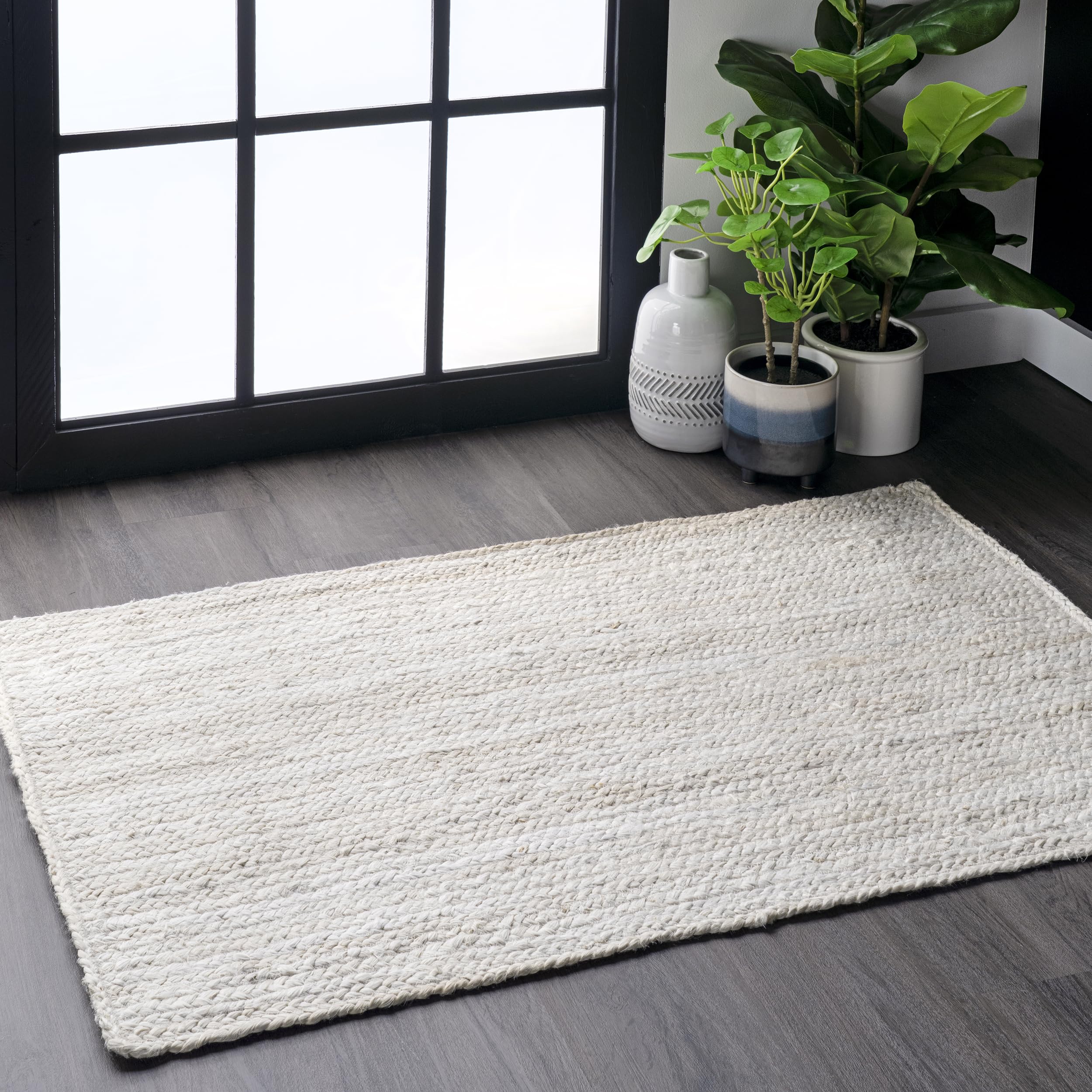 nuLOOM 3x5 Rigo Jute Hand Woven Area Rug, Off White, Solid Farmhouse Design, Natural Fiber, For Bedroom, Living Room, Dining Roo