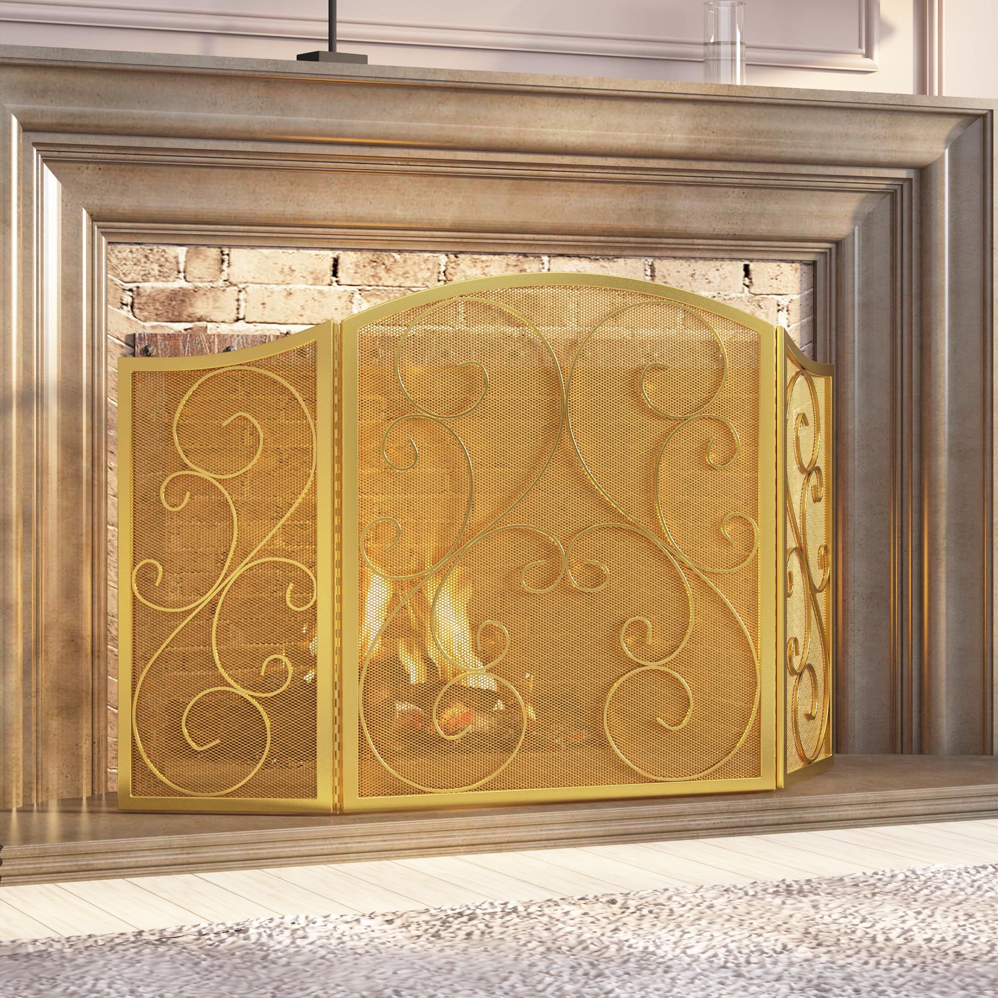 Fire Beauty Fireplace Screen 3 Panel Wrought Iron Metal 48(L) x30(H) Spark Guard Cover(Golden Dusting)