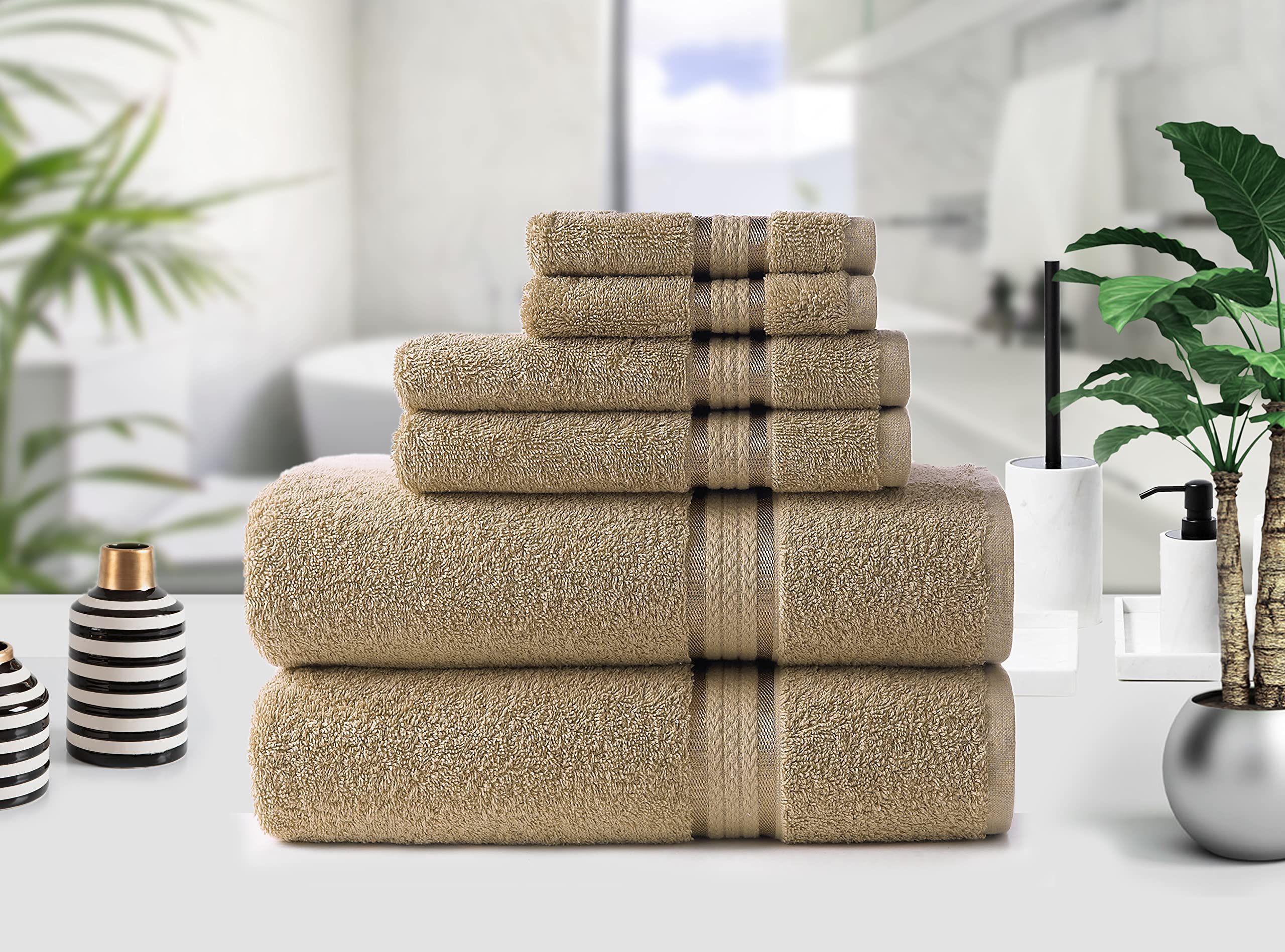 COTTON CRAFT Ultra Soft 6 Piece Towel Set Linen  Luxurious 100% Ringspun Cotton  Heavy Weight & Absorbent  Rayon Trim - 2 Oversized Large Bath Towels 30x54  2 Hand Towels 16x28  2 Wash Cloths 12x12
