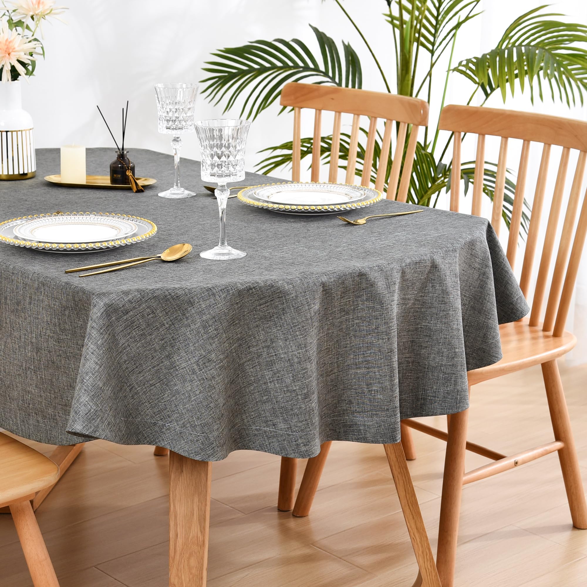 Wolkemer Faux Linen Oval Tablecloth Heavy Duty Wrinkle Resistant Fabric Table Cloths 60 x 102 Inch Charcoal Farmhouse Rustic Tab