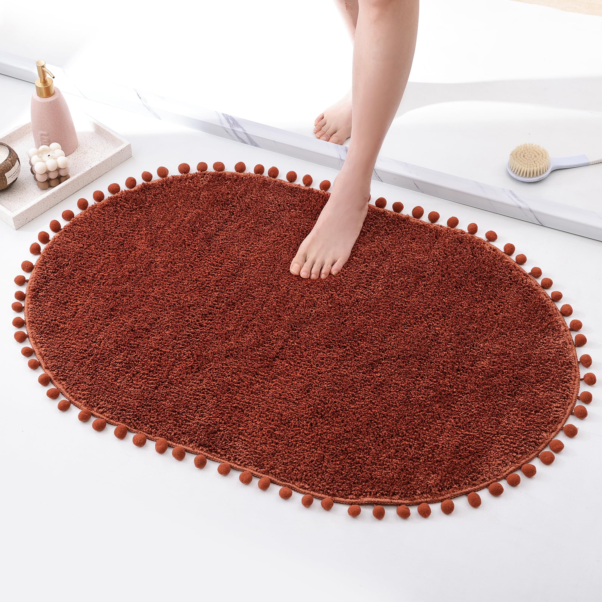 Yirddeo Bath Mat Terracotta Oval Rug With Pom Bathroom Rugs For Bedroom Non Slip Cute Boho Absorbent Mats Soft Plush Washable Ru
