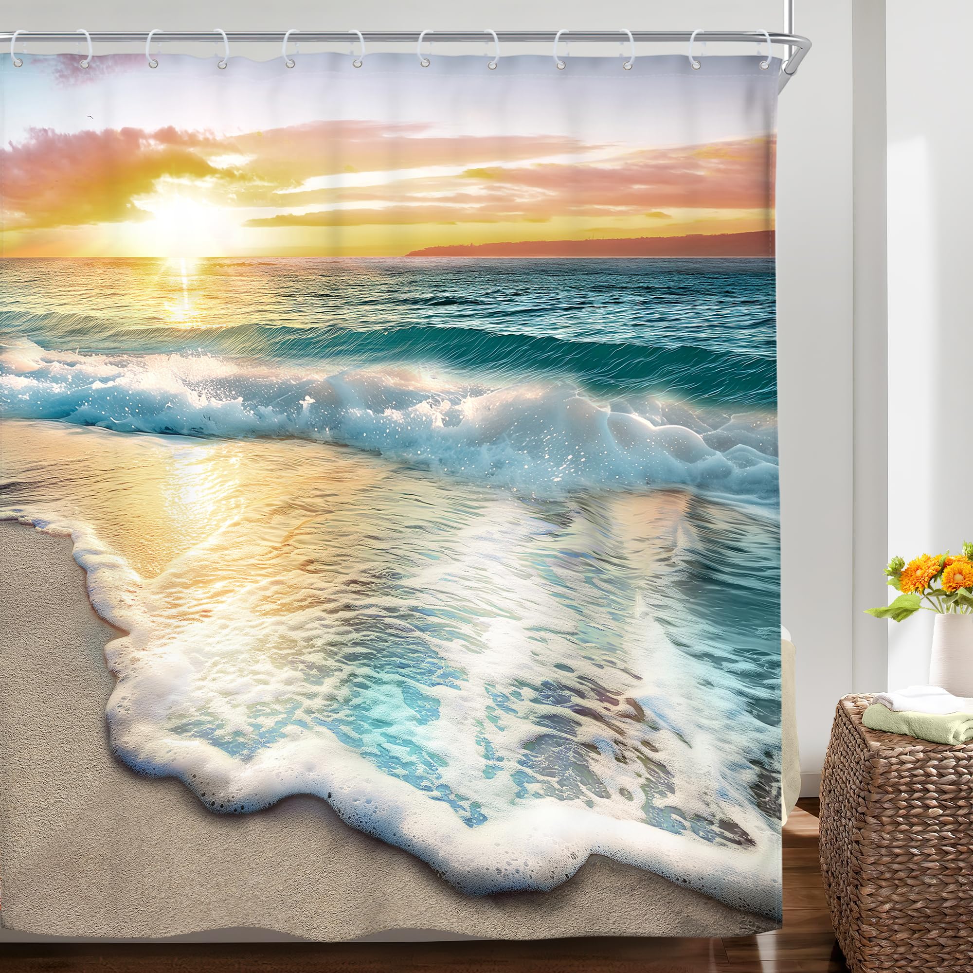 Riyidecor Ocean Beach Look Nature Scene Shower Curtain for Bathroom Sunrise Sunset 60 x 72 Inch Coastal Hawaiian Summer Sea Wave Seaside Island Blue Fabric Set Waterproof BB-JWXP