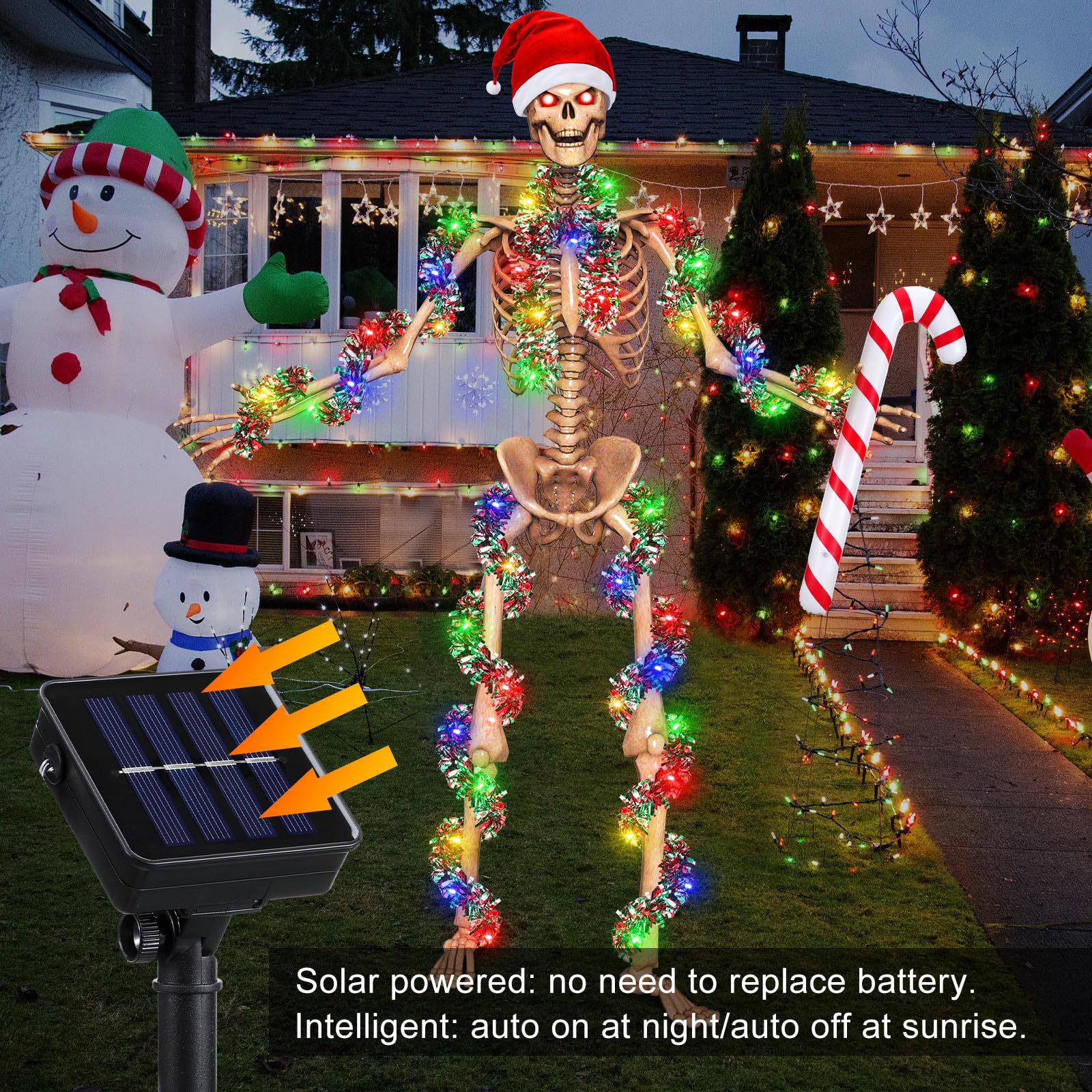 Cozypower Christmas 12 ft Skeleton Santa Outfit Accessory Santa Hat Tinsel Garlands String Light Inflatable Candy Cane(Classic R