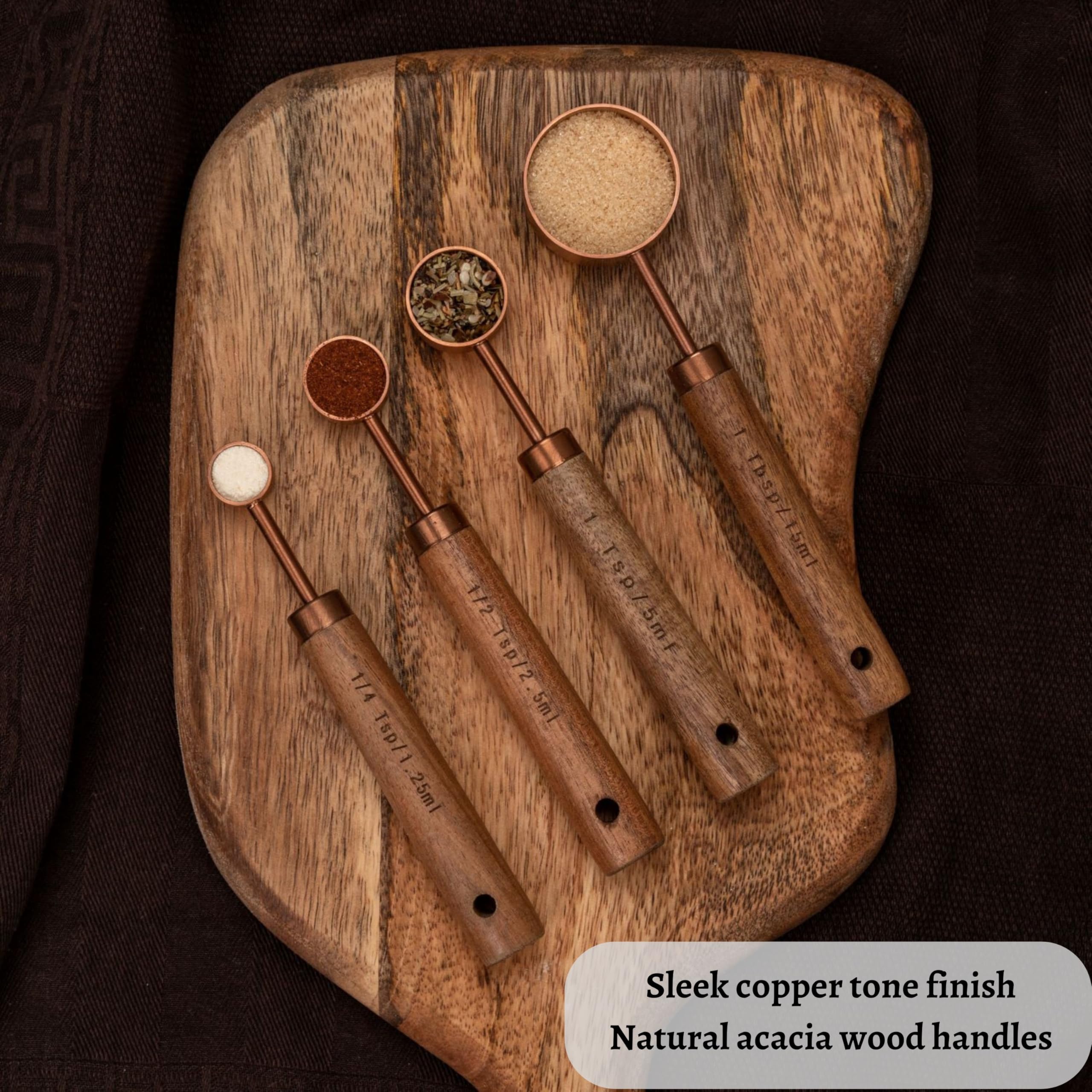 Copper Stainless Steel Measuring Cups And Spoons Set Of 8, Wooden Handle With Us Measurements, Metric Cups And Spoons For Cookin