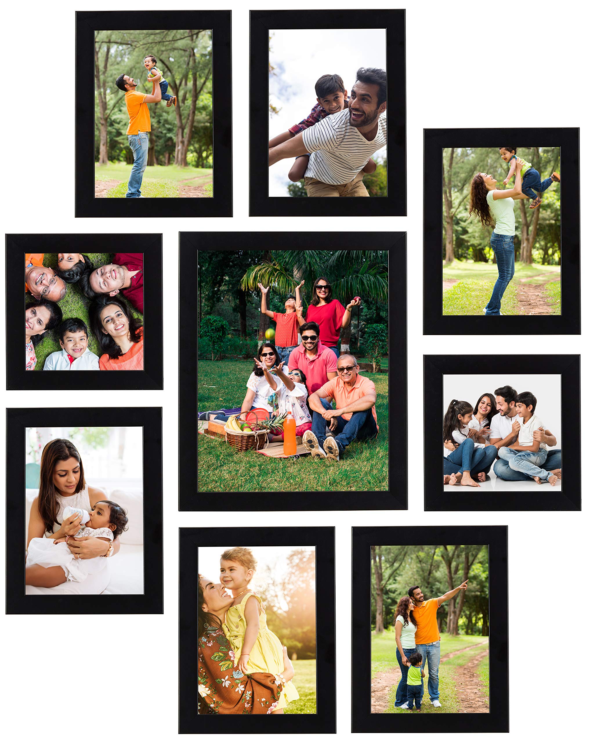 Amazon Brand - Solimo Mdf Collage Photo Frames, Set Of 9 (6Pcs - 5X7 Inch, 1Pcs - 8X10 Inch, 2Pcs - 5X5 Inch), Black, Rectangula