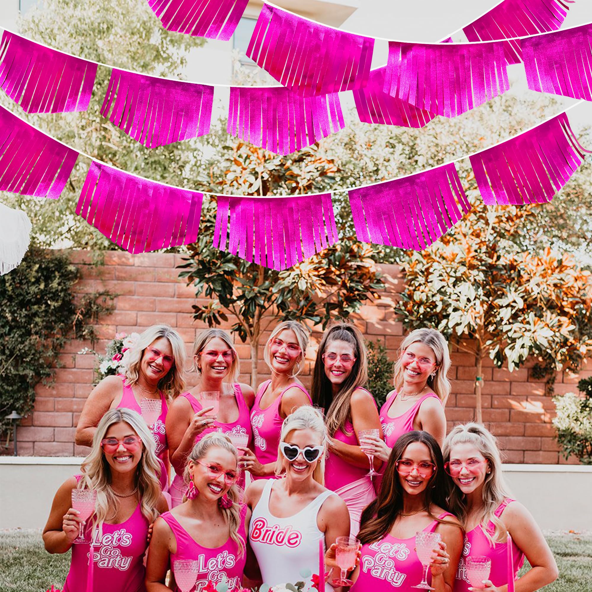 Hot Pink Tassel Banner Double Sided Metallic Fabric Pennant Bunting Flag Garland For Birthday Bachelorette Anniversary Engagemen