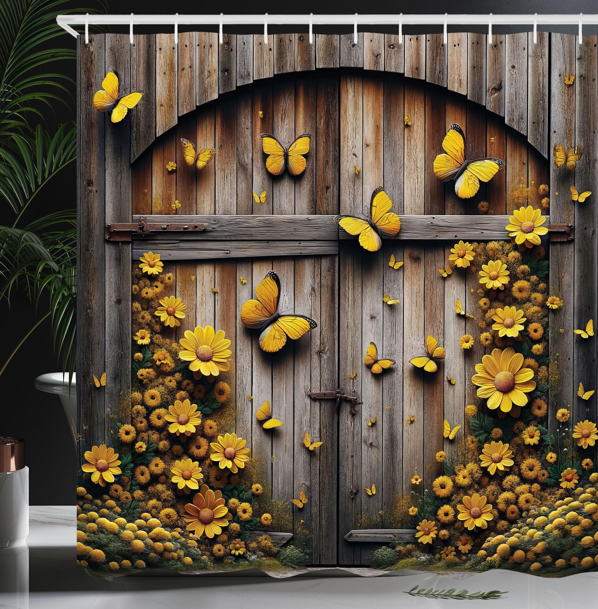 Ambesonne Rustic Shower Curtain, Wooden Barn With Yellow Tone Butterflies And Flowers Farmhouse Romance, Cloth Fabric Bathroom D