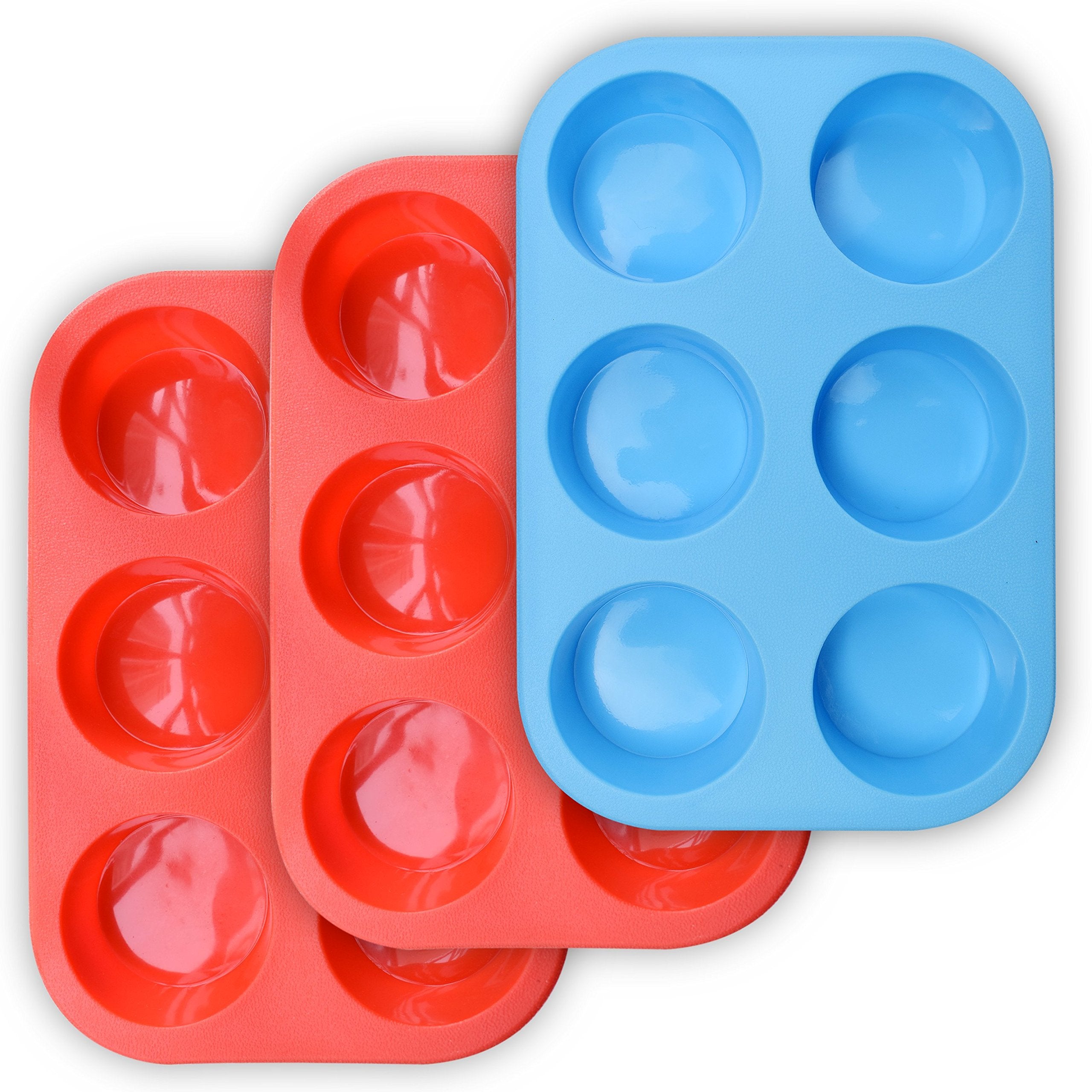 Homedge 6-Cup Silicone Muffin Pan, Pack Of 3 Non-Stick Muffin Cupcake Molds-Blue And Red