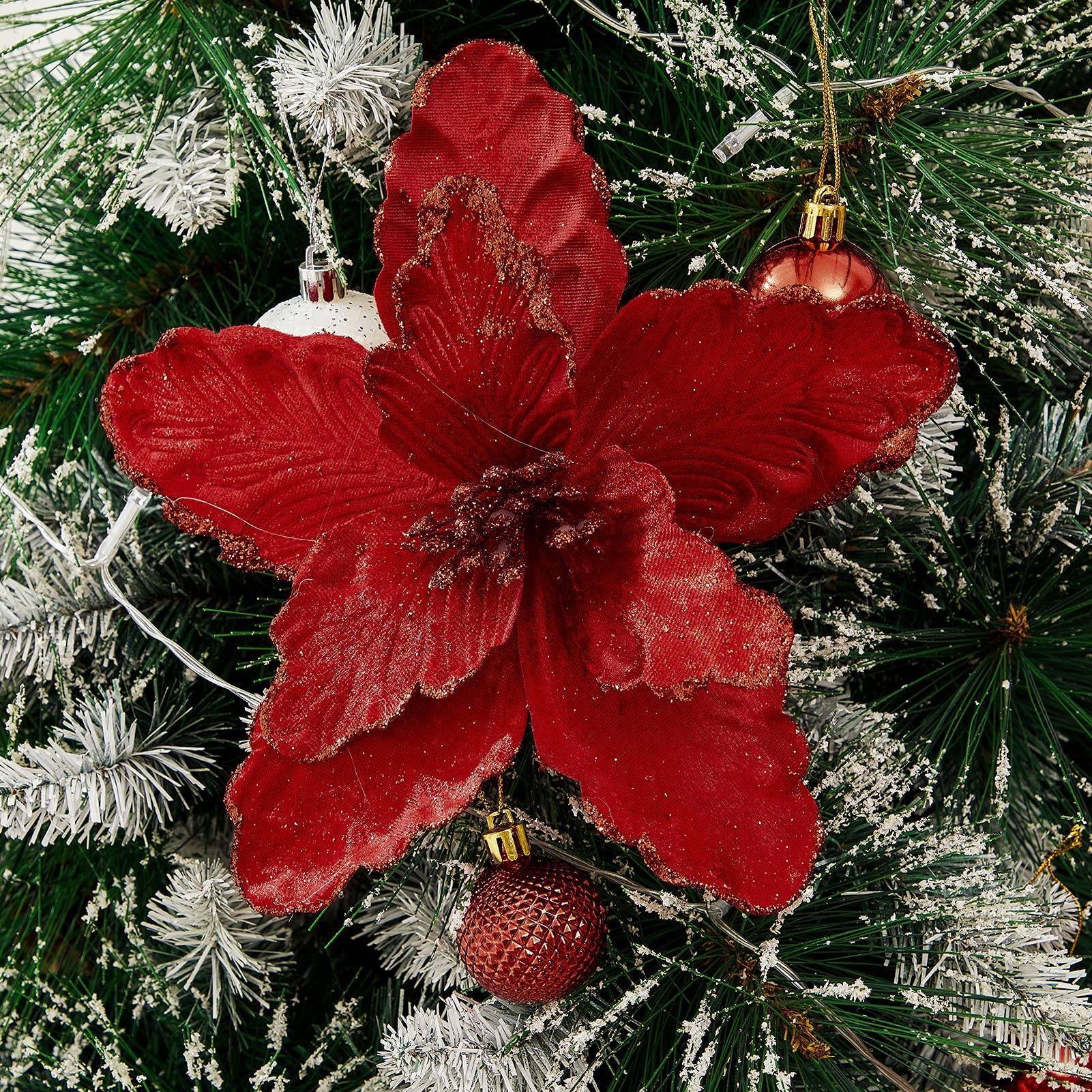GreenHouzz 10 Pcs Large Poinsettias Christmas Tree Flower Glitter Silk Flower Picks Ornaments for Wreath Garland Wedding Decorat