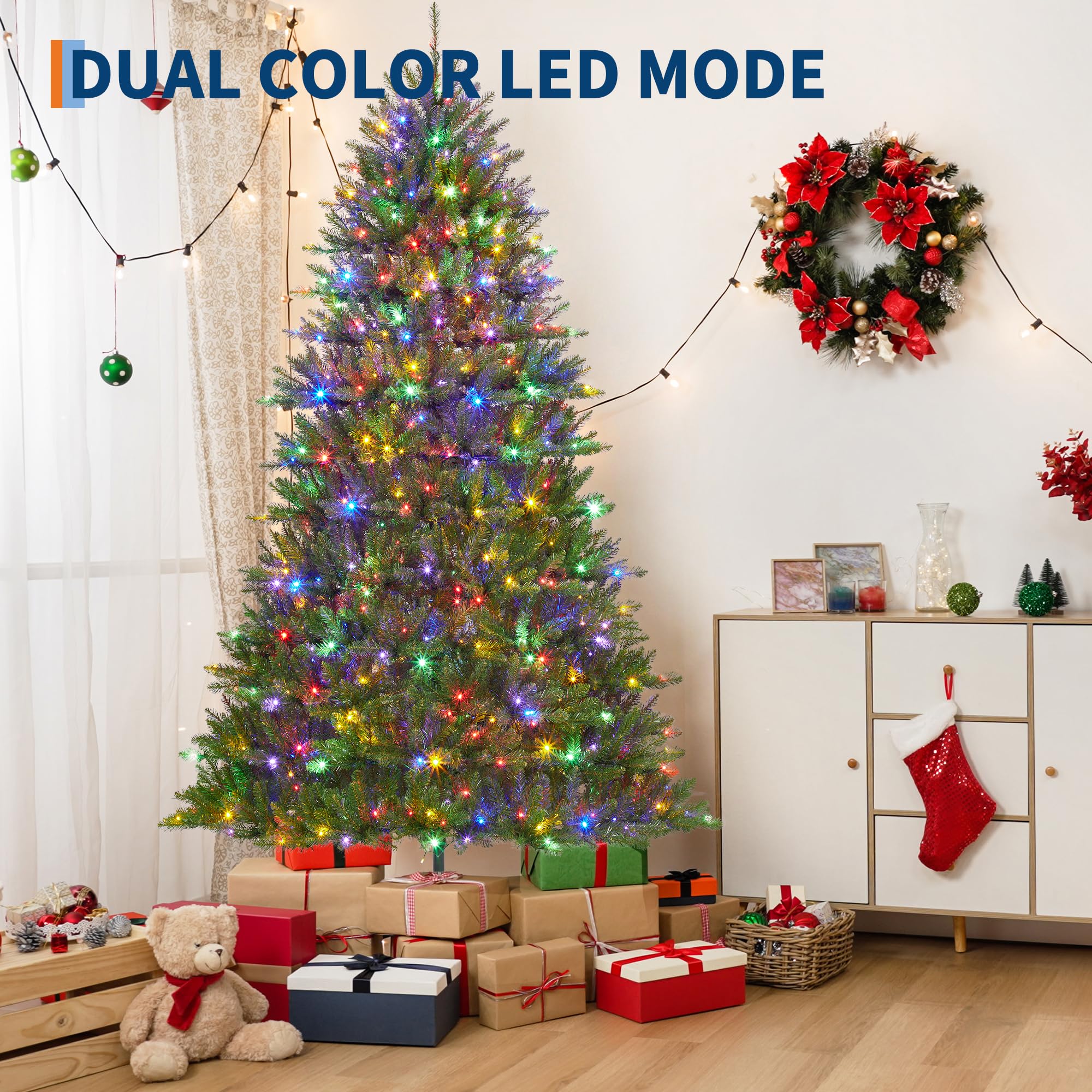 6FT Christmas Tree, Artificial Christmas Trees with 200 Lights, Prelit Christmas Tree with 8 Modes Lights, Foldable Stand, On/Of