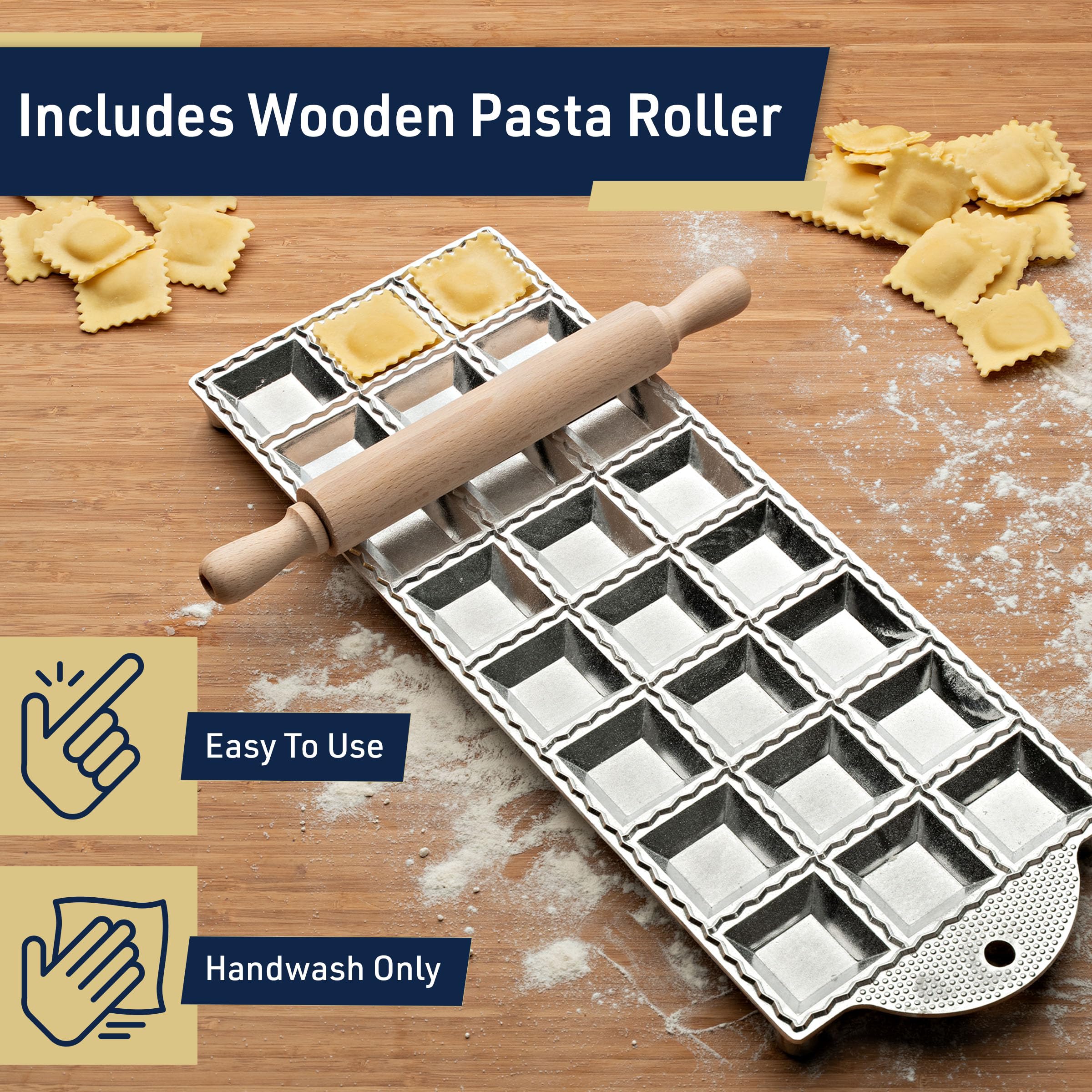 Kings County Tools Ravioli Mold Cutter - Makes 24 Square 2” Raviolis - Easy to Use with Wood Roller, Non-Slip Feet, Made in Italy