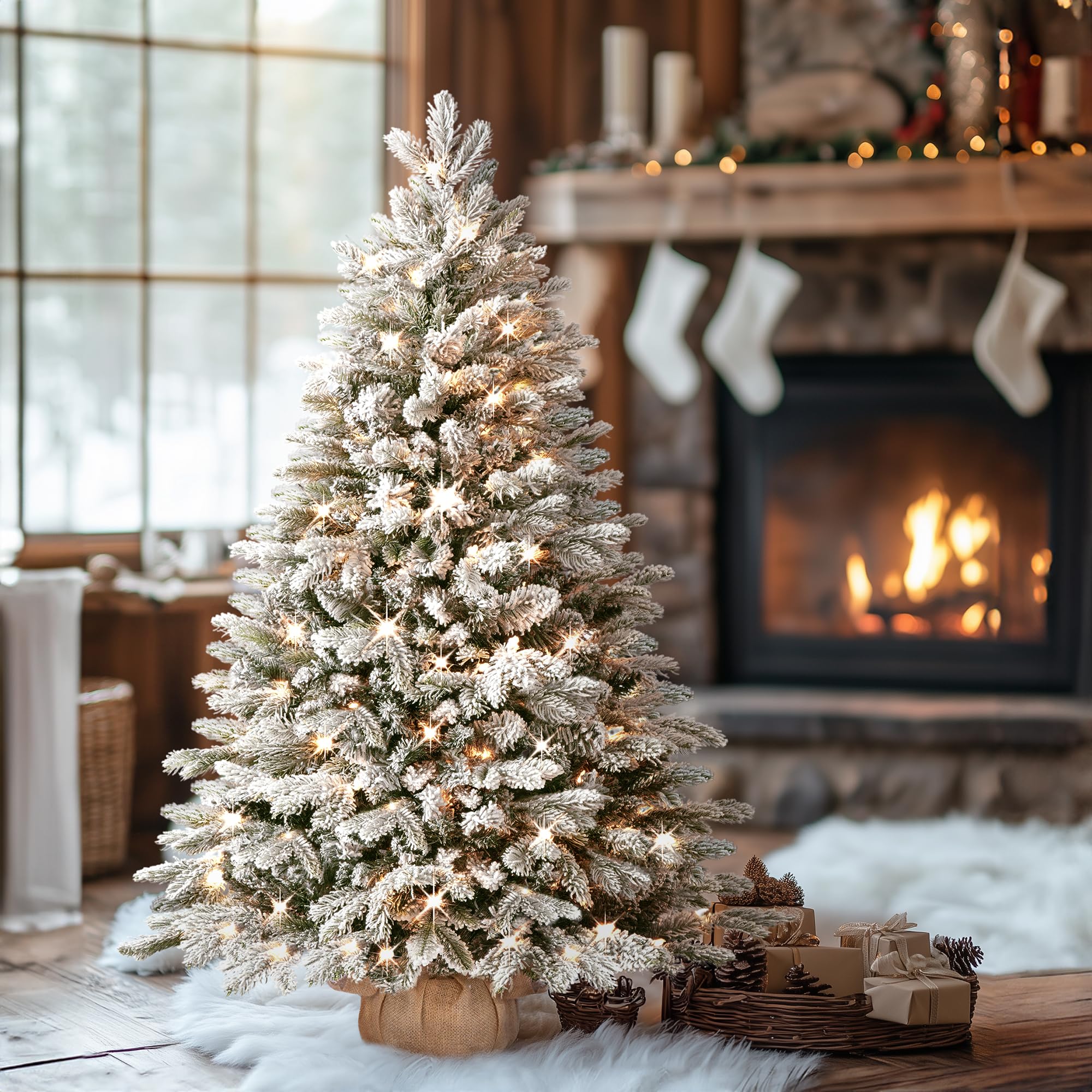 OasisCraft 4ft Flocked Christmas Tree, Pre Lit with Red Berries and Pinecones, DIY Decorations Tabletop Tree