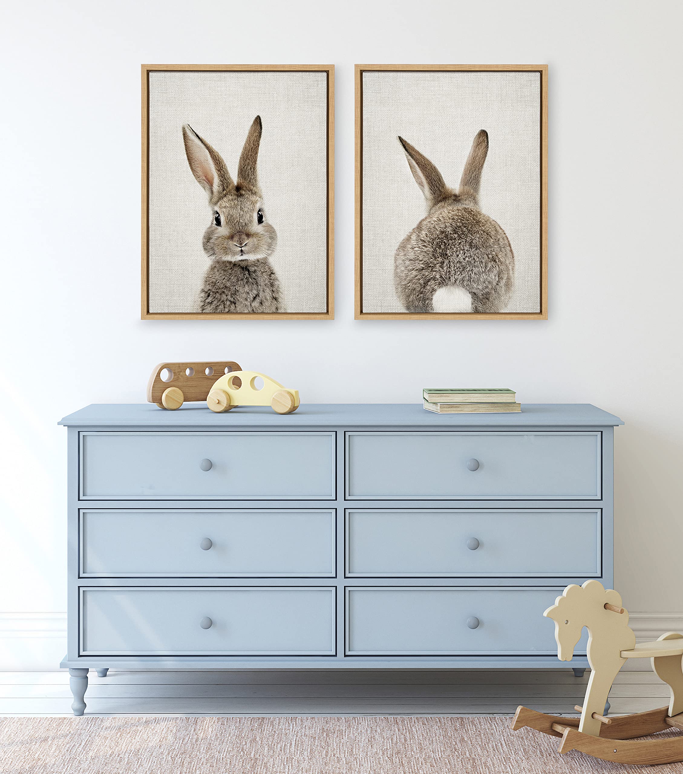 Kate and Laurel Sylvie Bunny Portrait And Bunny Tail Framed Canvas Wall Art By Amy Peterson  18x24 Natural  Cute Baby Animal Art Decor