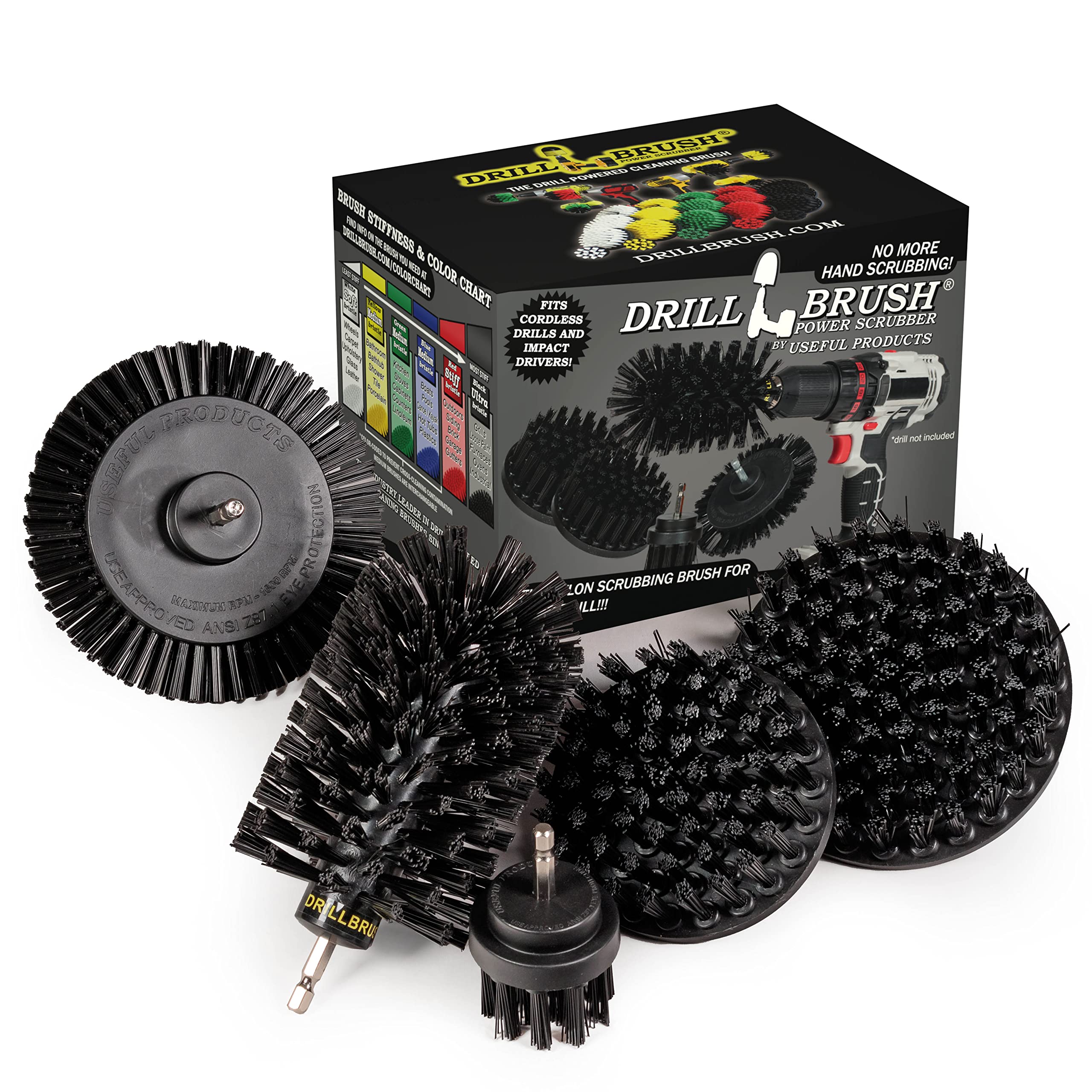 Drill Brush Power Scrubber By Useful Products - 5 Piece Black Drillbrush Ultra Stiff Cleaning Brush Set - Metal Brush For Drill