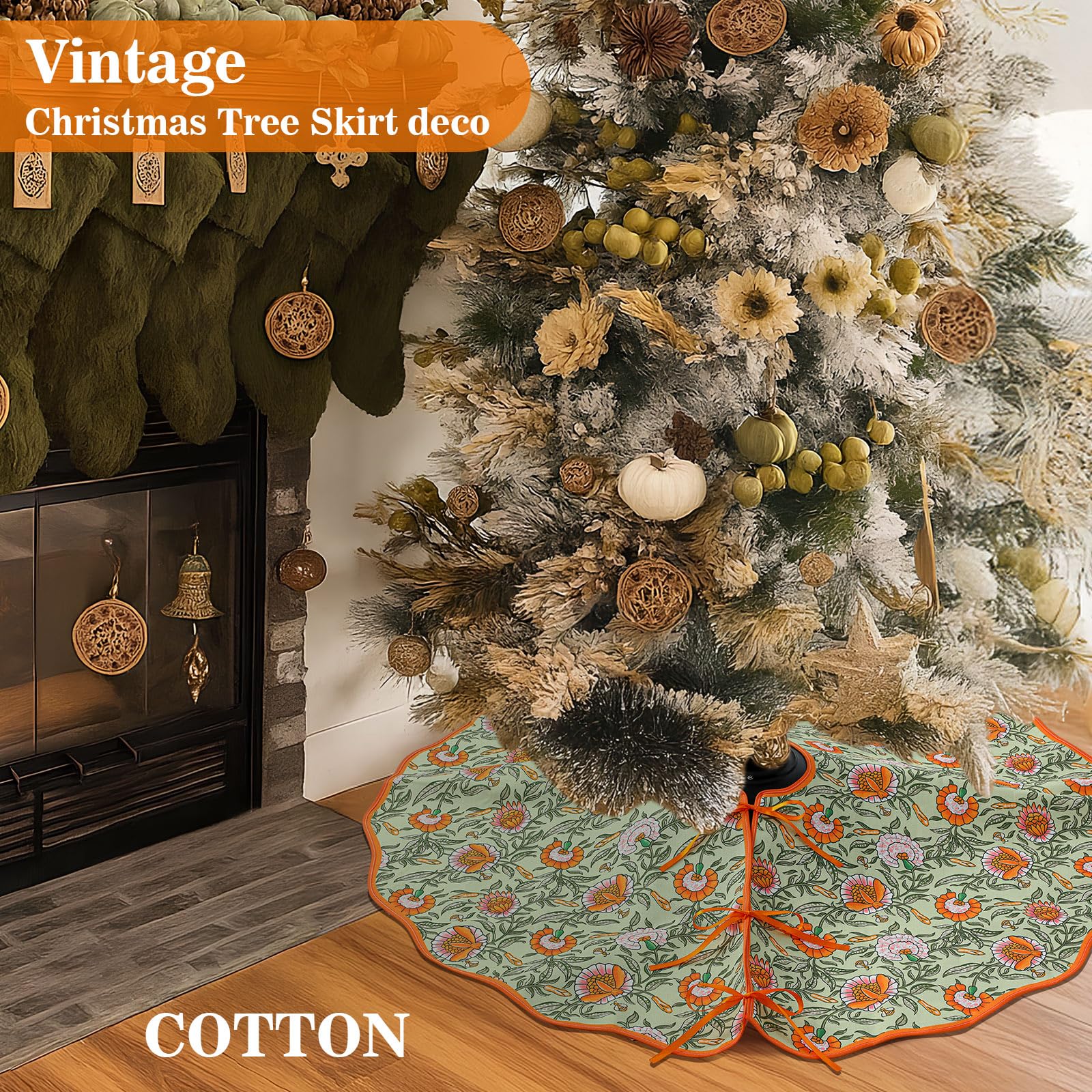 Soaoo 48 Inches Christmas Tree Skirt Floral Block Print Xmas Tree Skirt Cotton Seasonal Holiday Decorations for Home Indoor Part