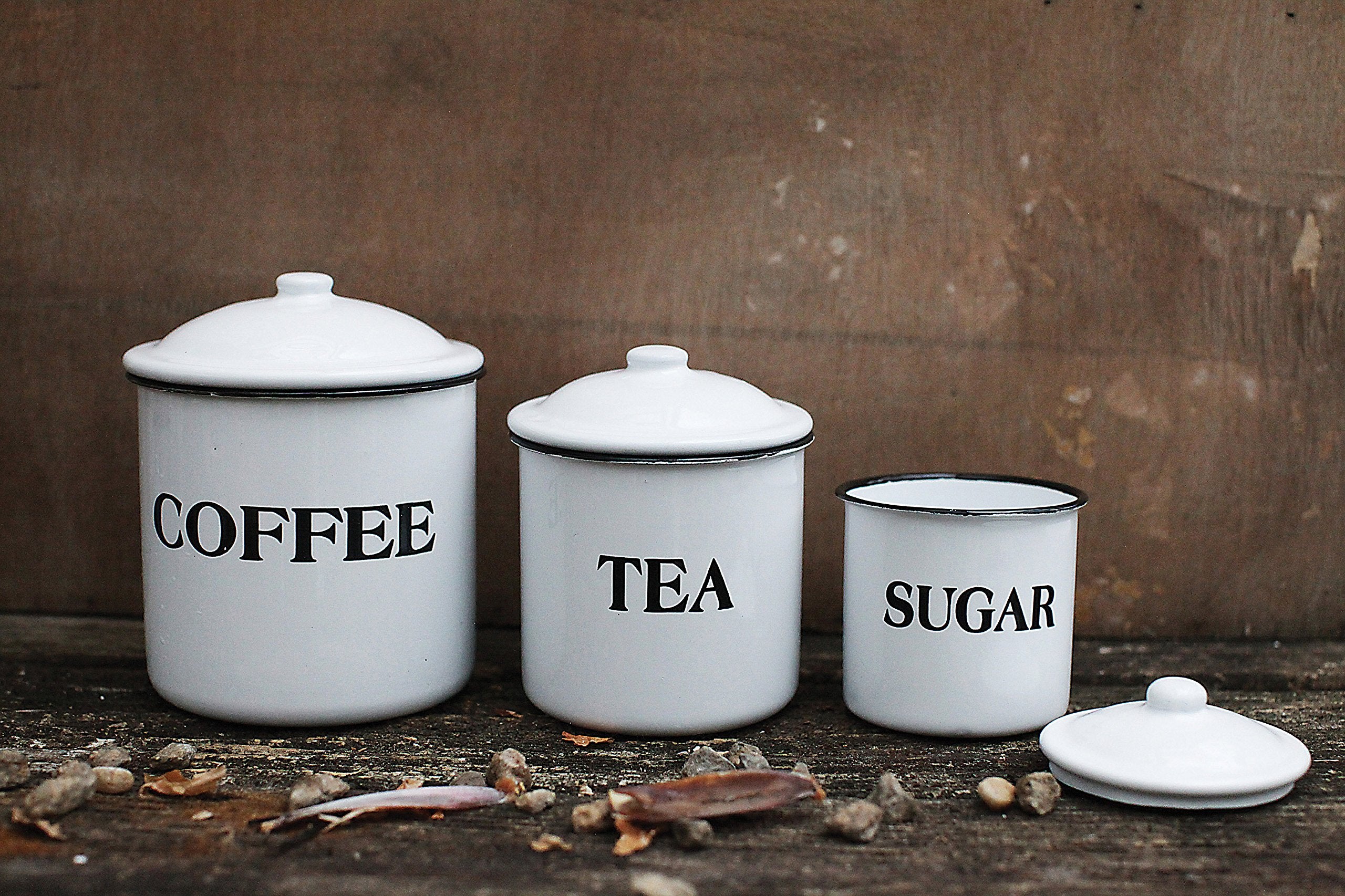 Creative Co-Op Metal Containers With Lids, Coffee, Tea, Sugar (Set Of 3 Sizes/Designs)