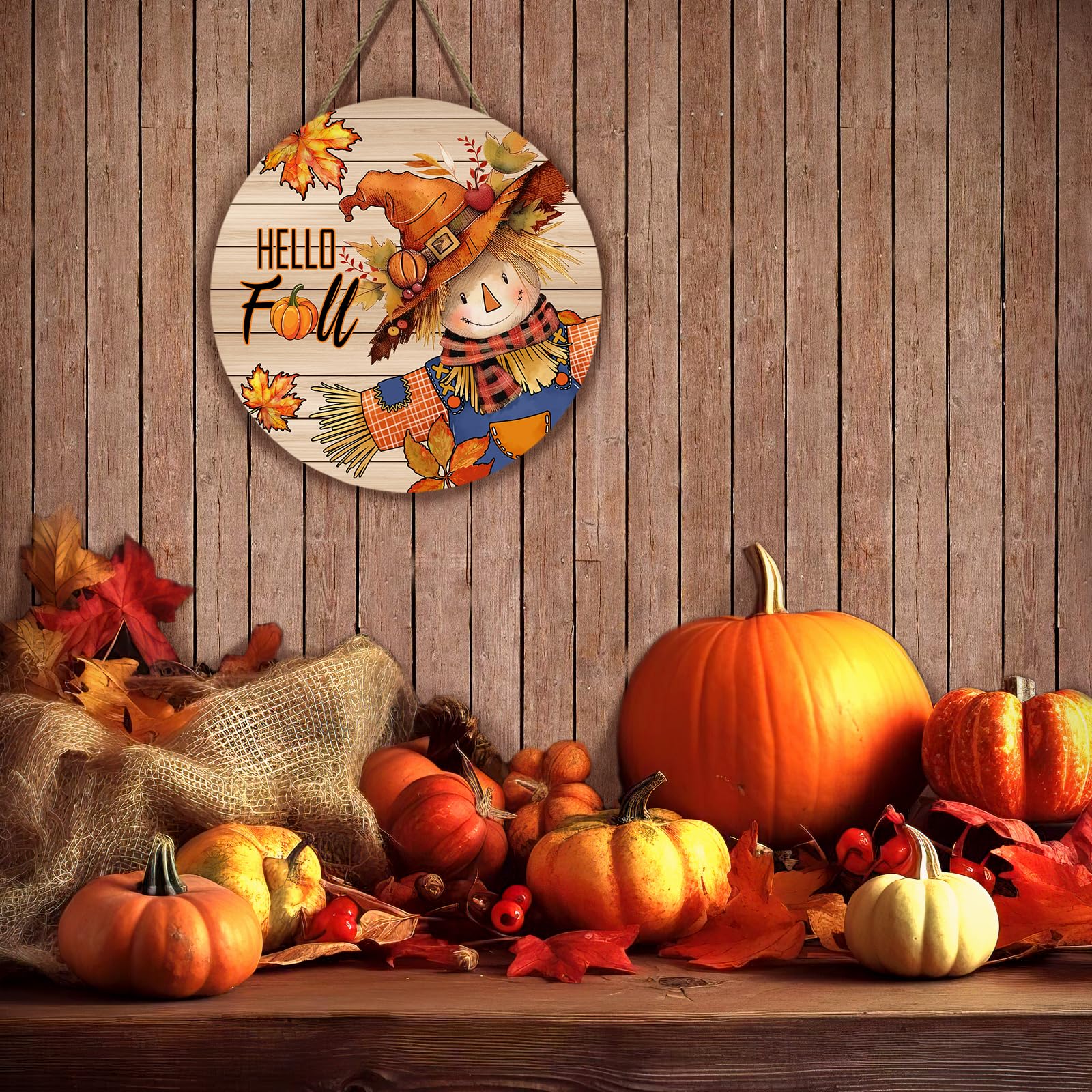 Dacawin Hello Fall Autumn Scarecrow Door Sign for Porch Pumpkins Maple Leaf Wood Hangers Farmhouse Door Sign for Front Door Deco