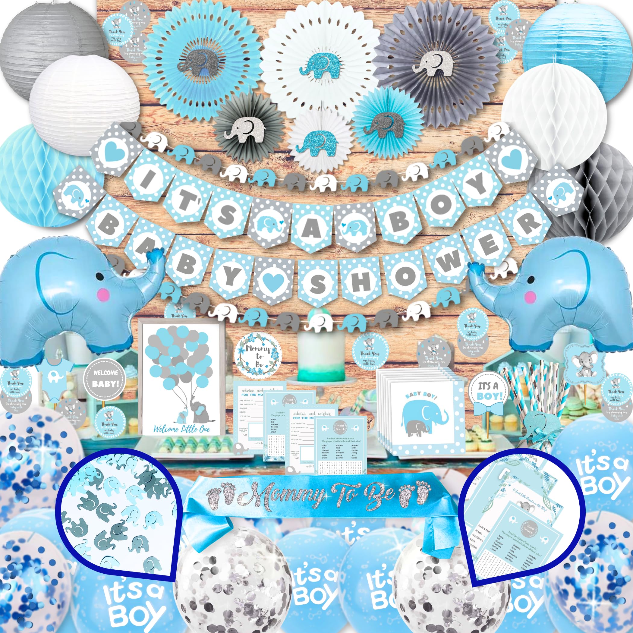 697 Pcs Premium Elephant Baby Shower Decorations For Boy Set It'S A Boy Banner, Napkins, Straws, Paper Decorations, Cake Toppers