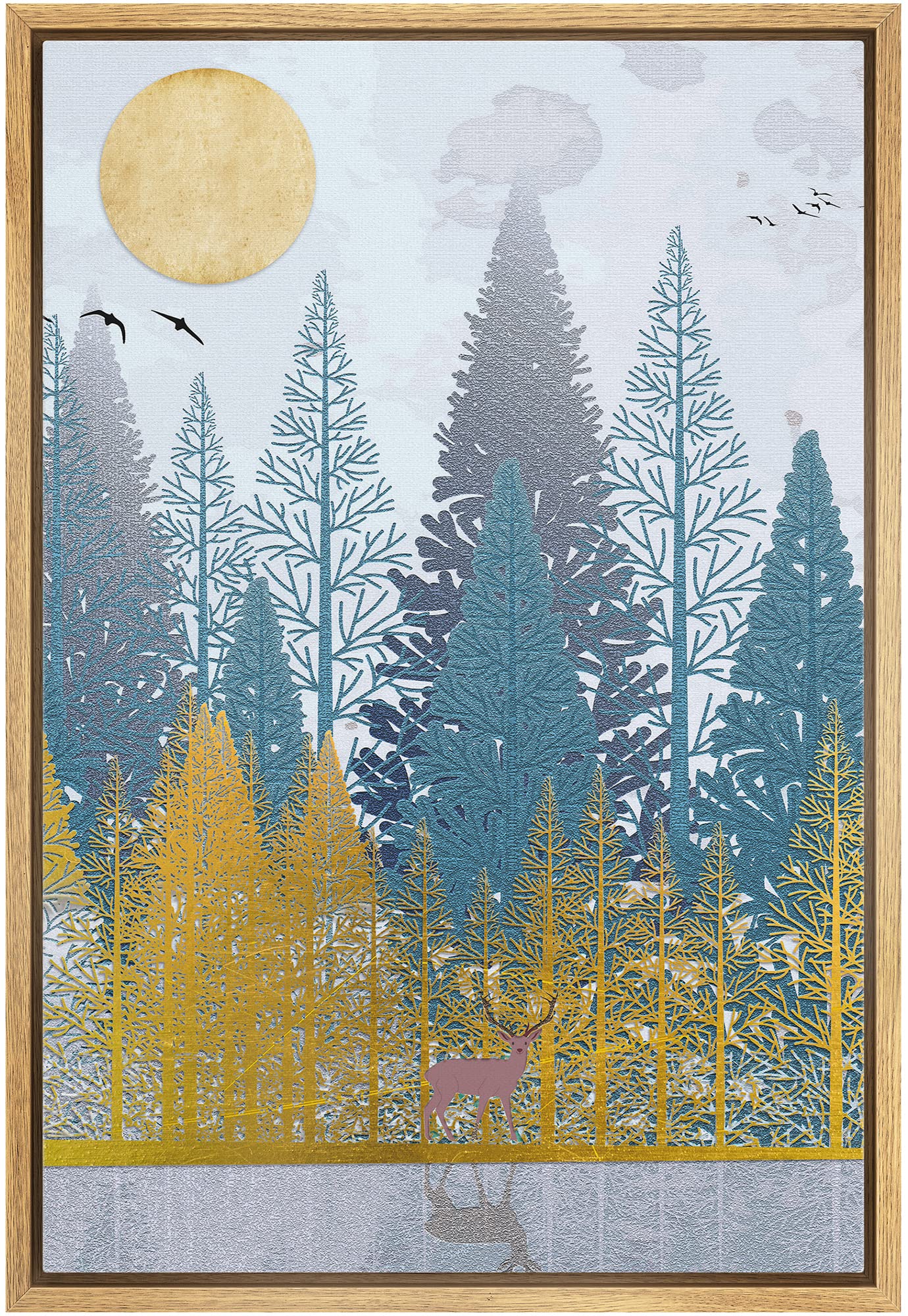 Idea4Wall Framed Canvas Print Wall Art Blue & Gold Forest With Purple Elk Abstract Wilderness Illustrations Modern Art Rustic Mu