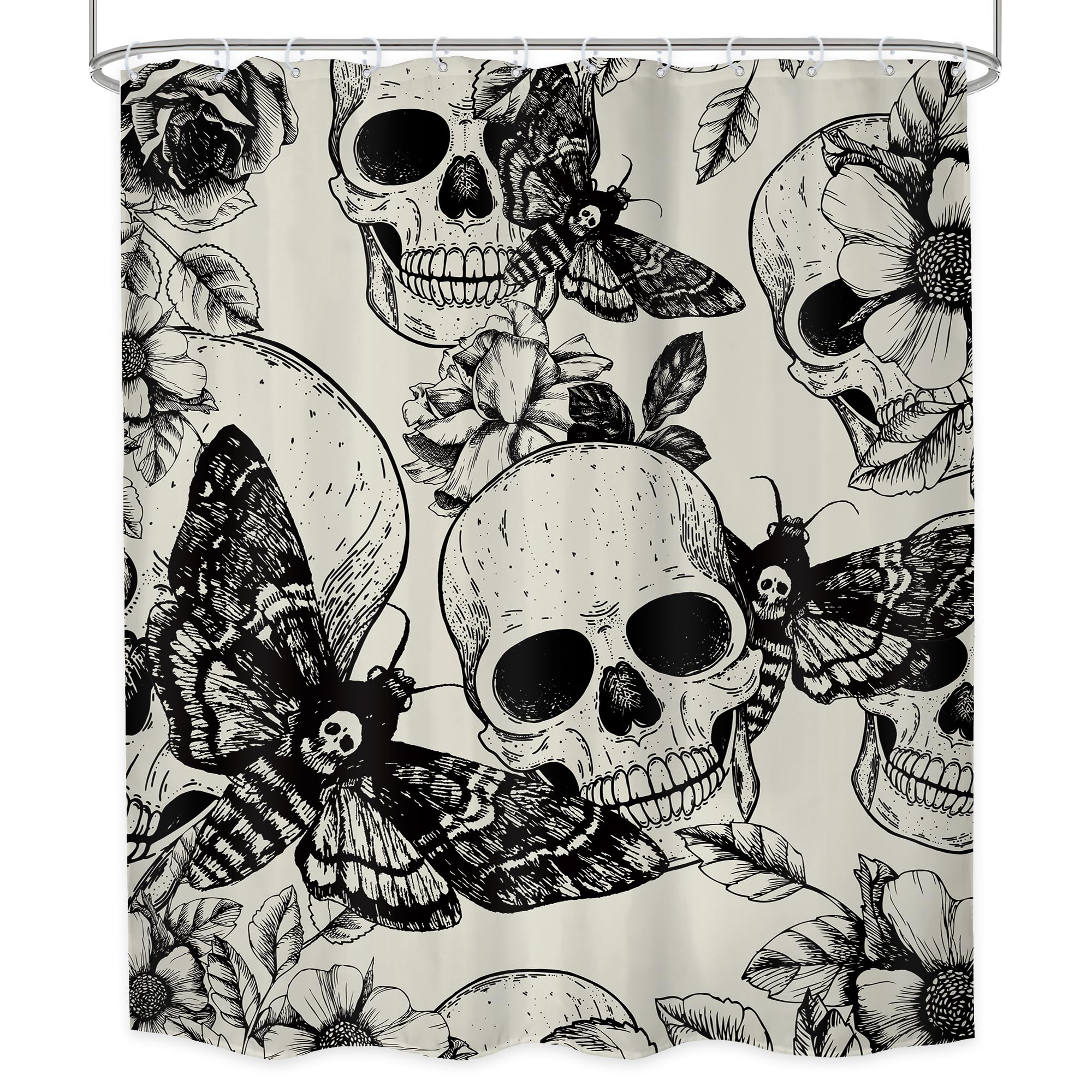 Lghtyro Gothic Skull Moth Shower Curtain Bathroom Set 60Wx71H Inches Black Deathhead Scary Skeleton Spooky Flower Mysterious Bat