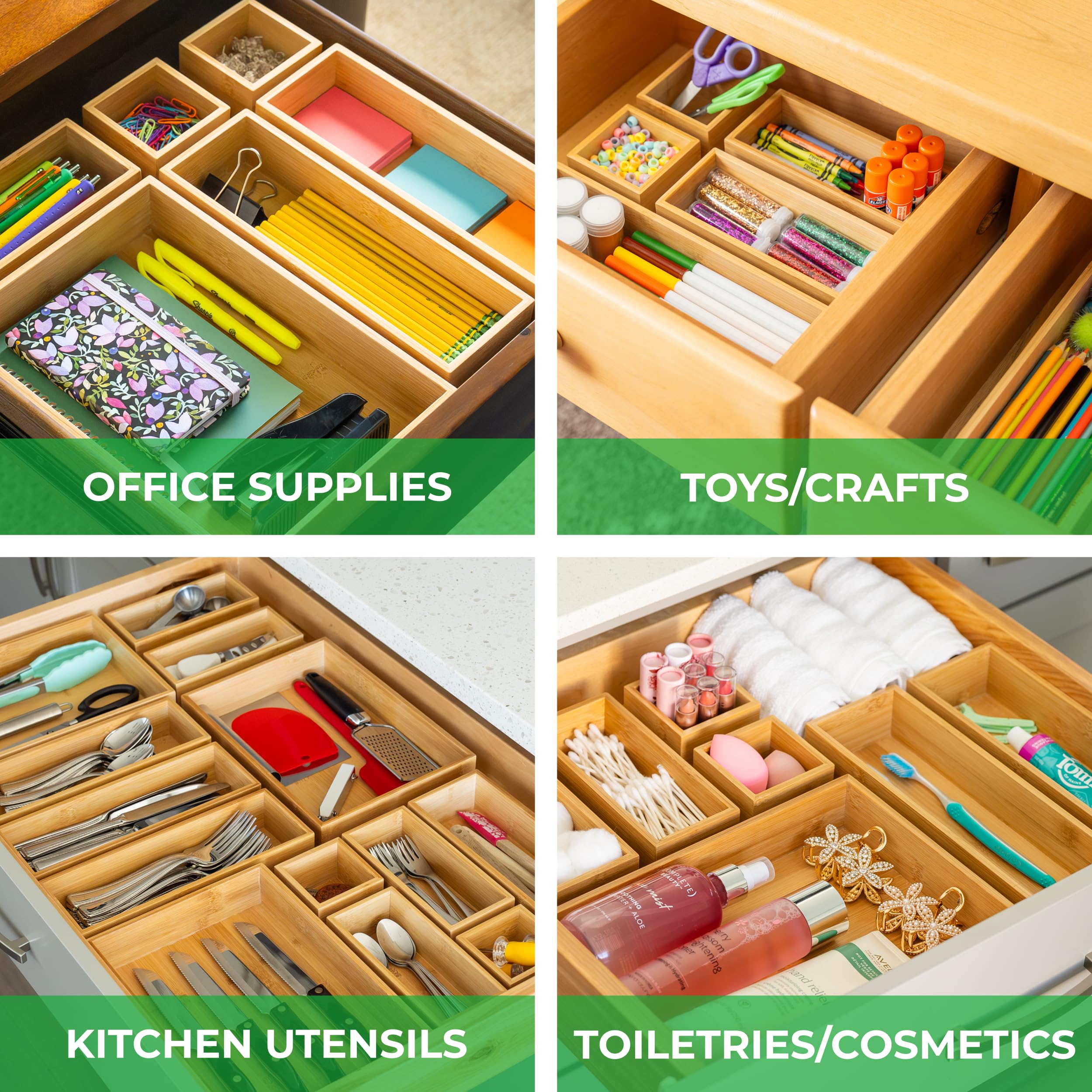 Grow Forward 14-Piece Bamboo Bathroom Drawer Organizer Trays - Wood Junk Drawer Organizers for Kitchen, Office, Vanity, Desk, Ni