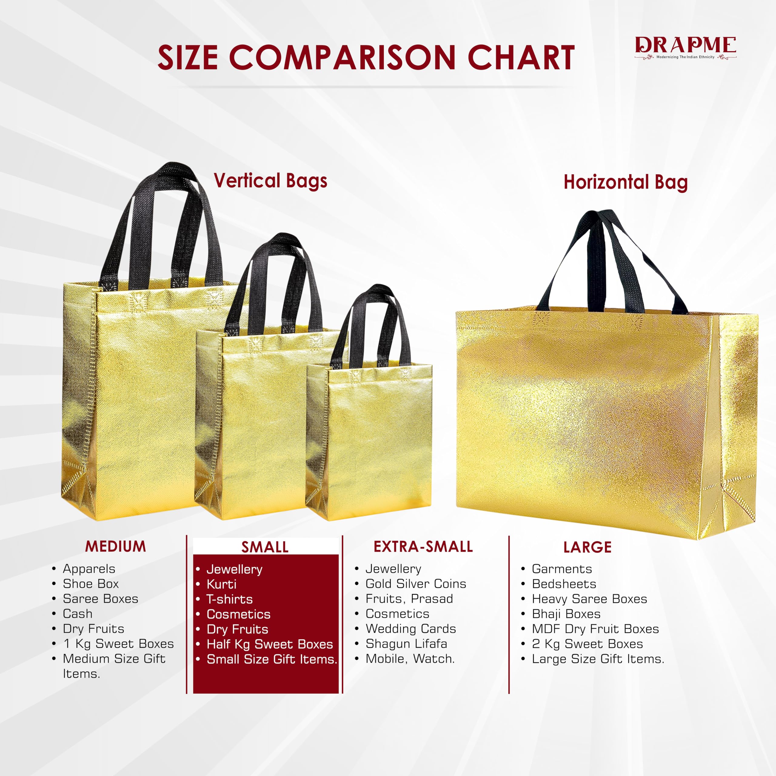 Drapme Small Size Pack Of 20 Pcs Glossy Metallic Laminated Non-Woven Reusable Eco-Friendly Party Return Gift Bags (Golden) (Smal