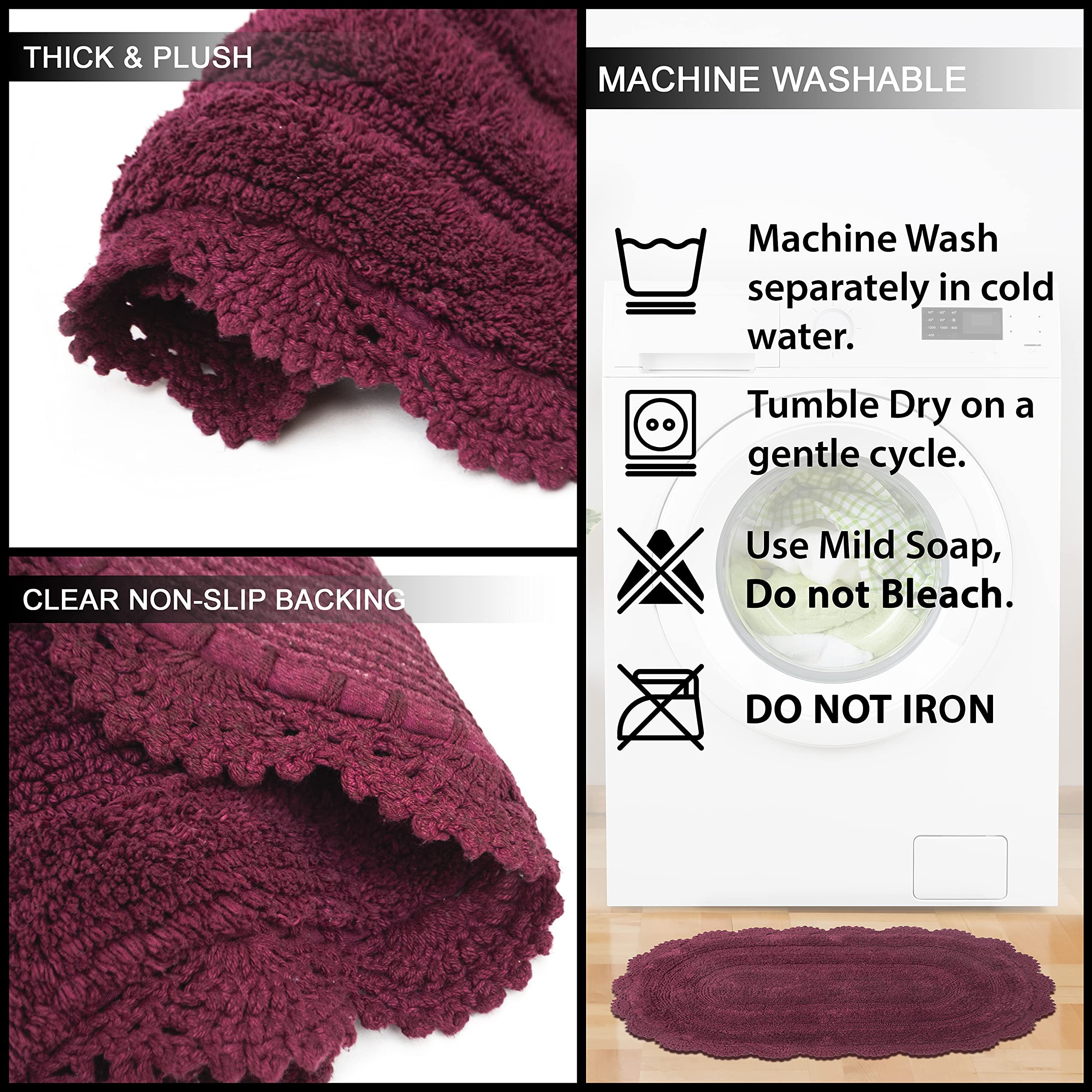 Chardin Home Burgundy Crochet Bathrug, 100% Cotton Oval Bathmat With Artisanally Handcrafted Crochet Border, 21X34 Inch, Medium