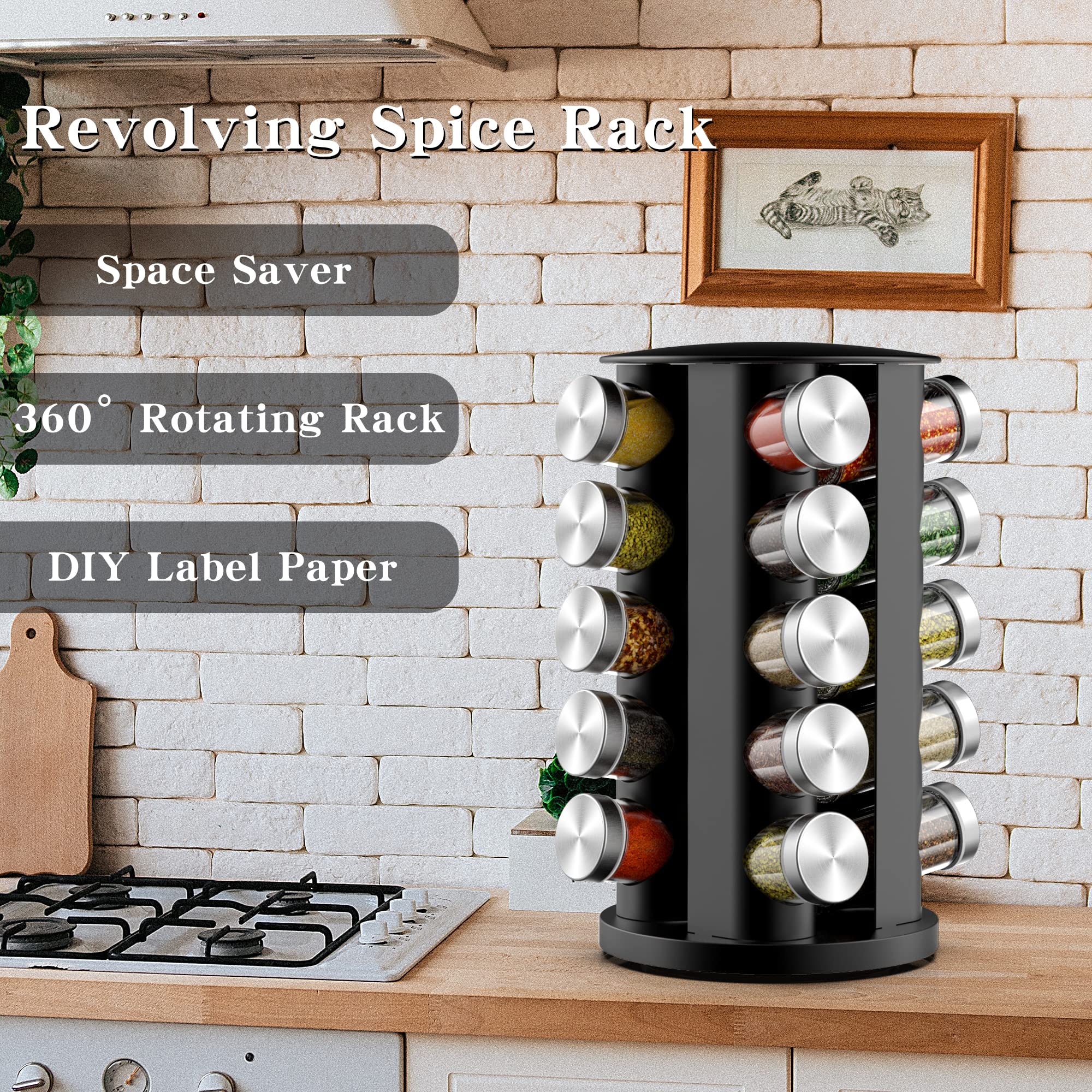 Handisen Rotating Spice Rack Organizer with 20 Jars, Black Spinning Storage for Kitchen Countertop