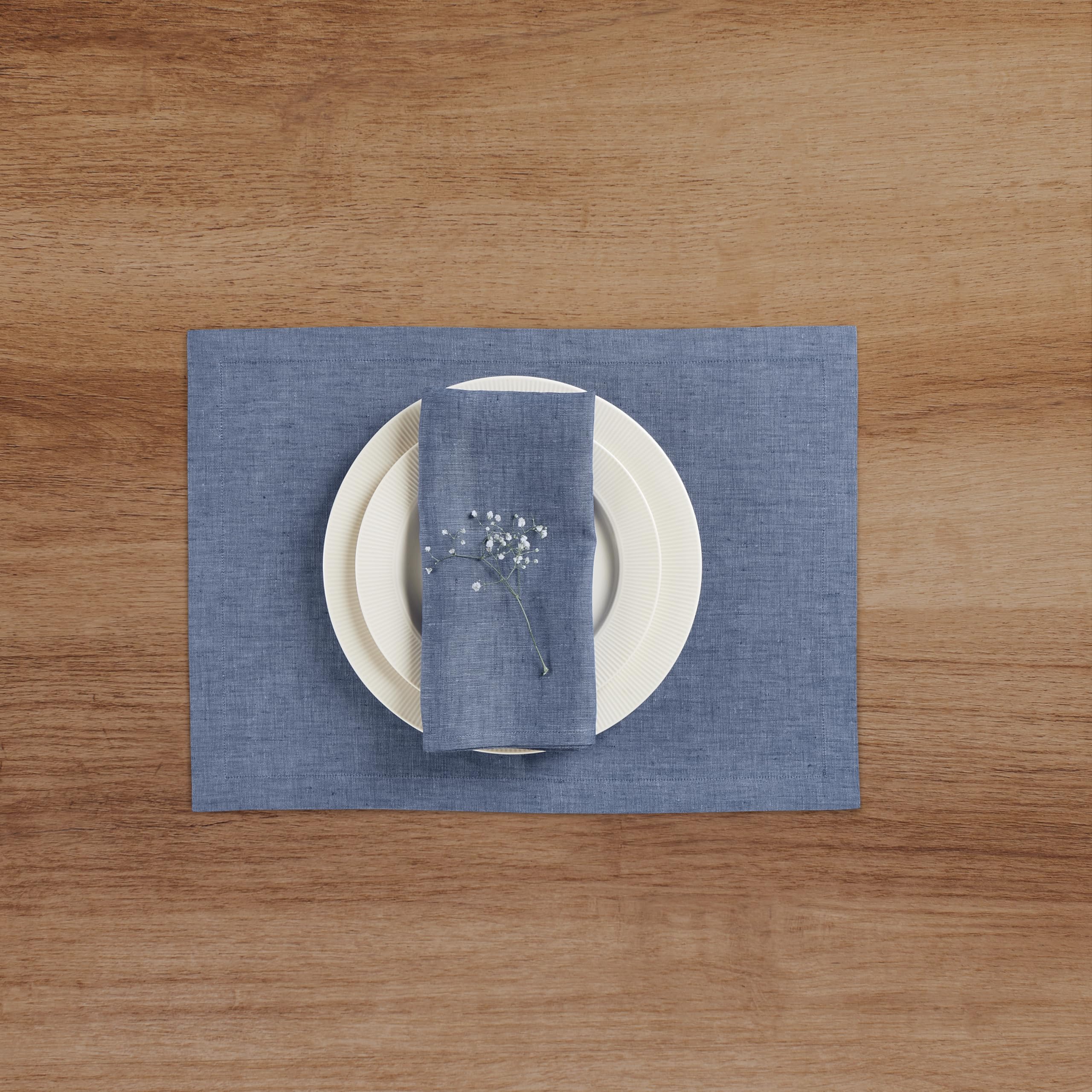 Solino Home Linen Placemats 19'' L X 14'' W Inch - 100% Pure Linen Blue Denim Cloth Placemats Set Of 4 - Athena, Washable Fabric