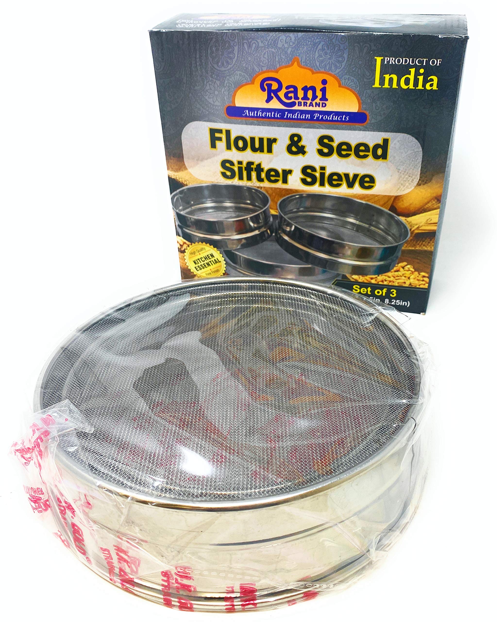 Rani Brand Stainless Steel Sieve Set of 3 - 6.7", 7.5", 8.25" for Flours, Seeds, Beans & Lentils - Silver Steel