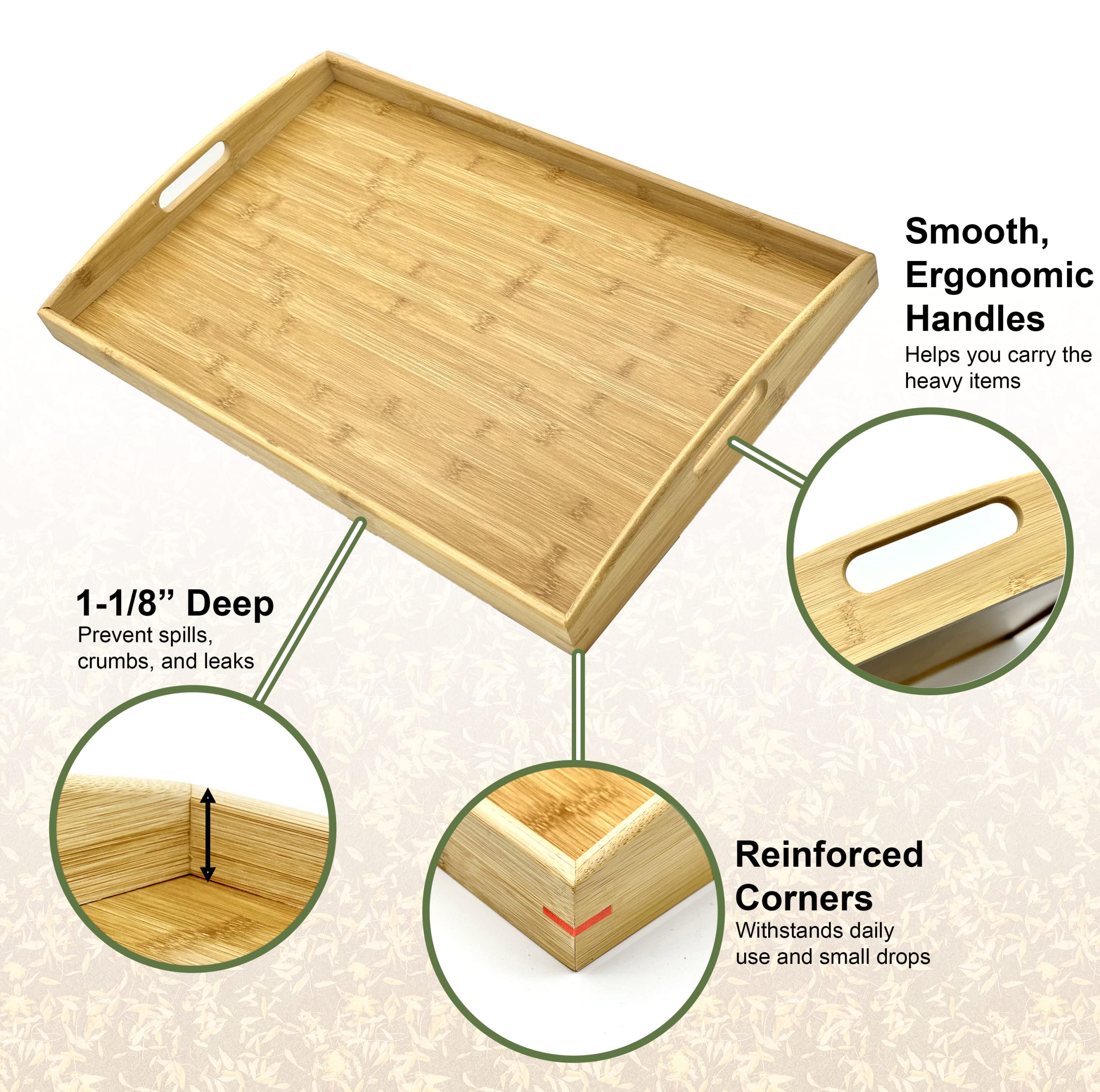 Bam & Boo Natural Bamboo Serving Tray Extra Large Rectangular With Handles For Food, Drinks, Storage, Decor, Vanity, Breakfast,