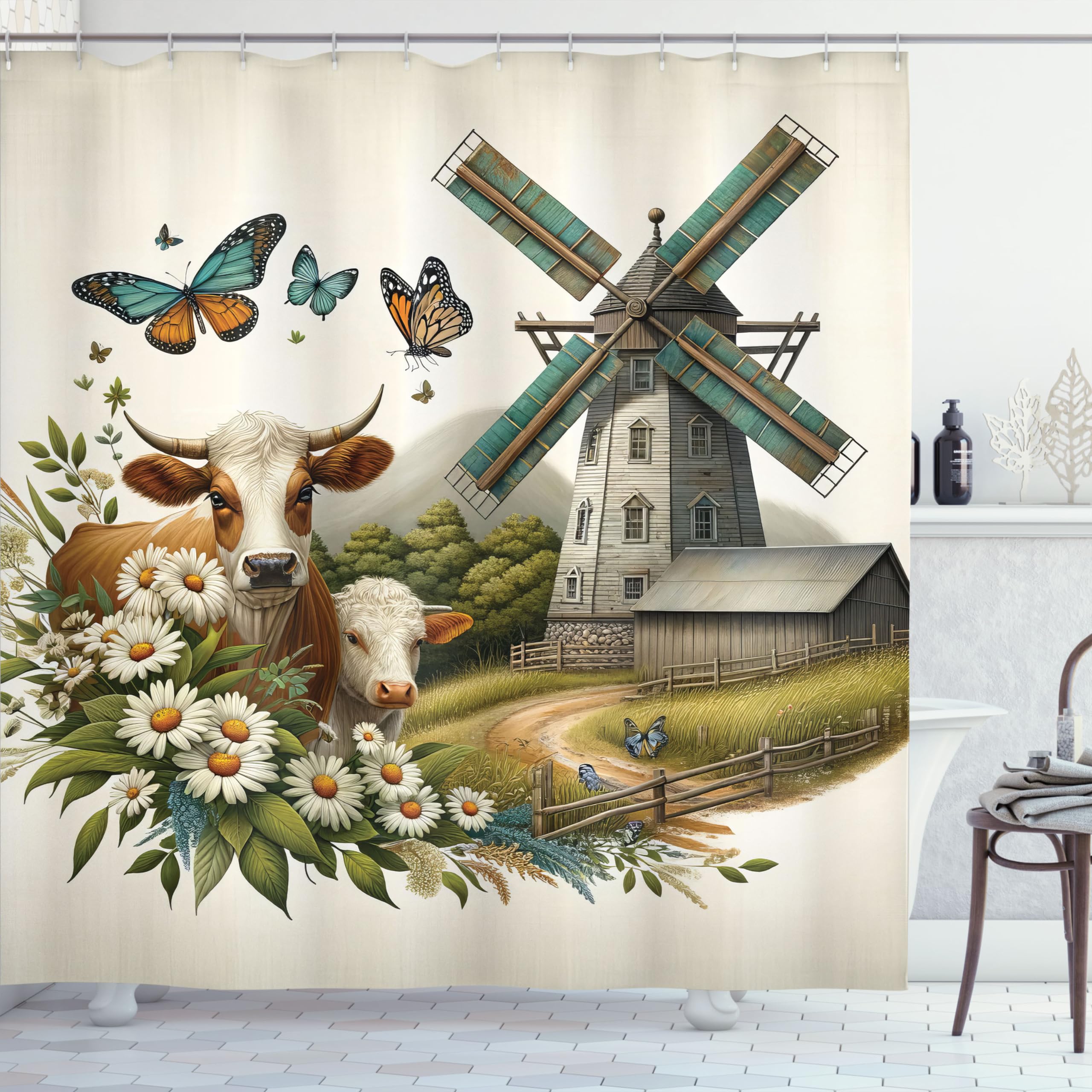 Ambesonne Farmhouse Shower Curtain, Windmill Barn Cottage Cows Butterflies And Daisies Countryside View, Cloth Fabric Bathroom D