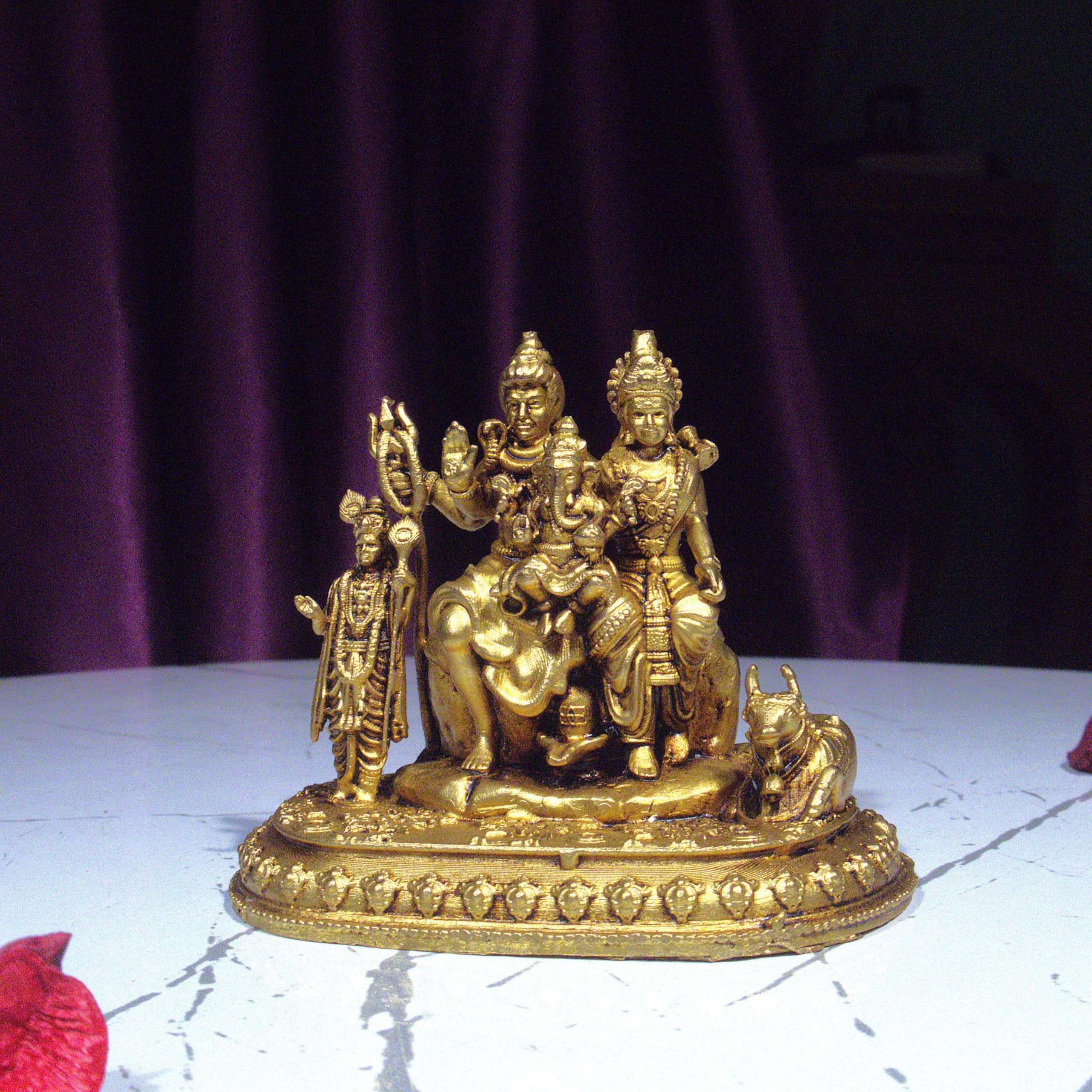 Brass Shiv Parivar Idol 5Cm | Antique Golden Finish Lord Shiva Parvati Ganesh Kartikeya Statue | Handcrafted Brass Murti For Poo