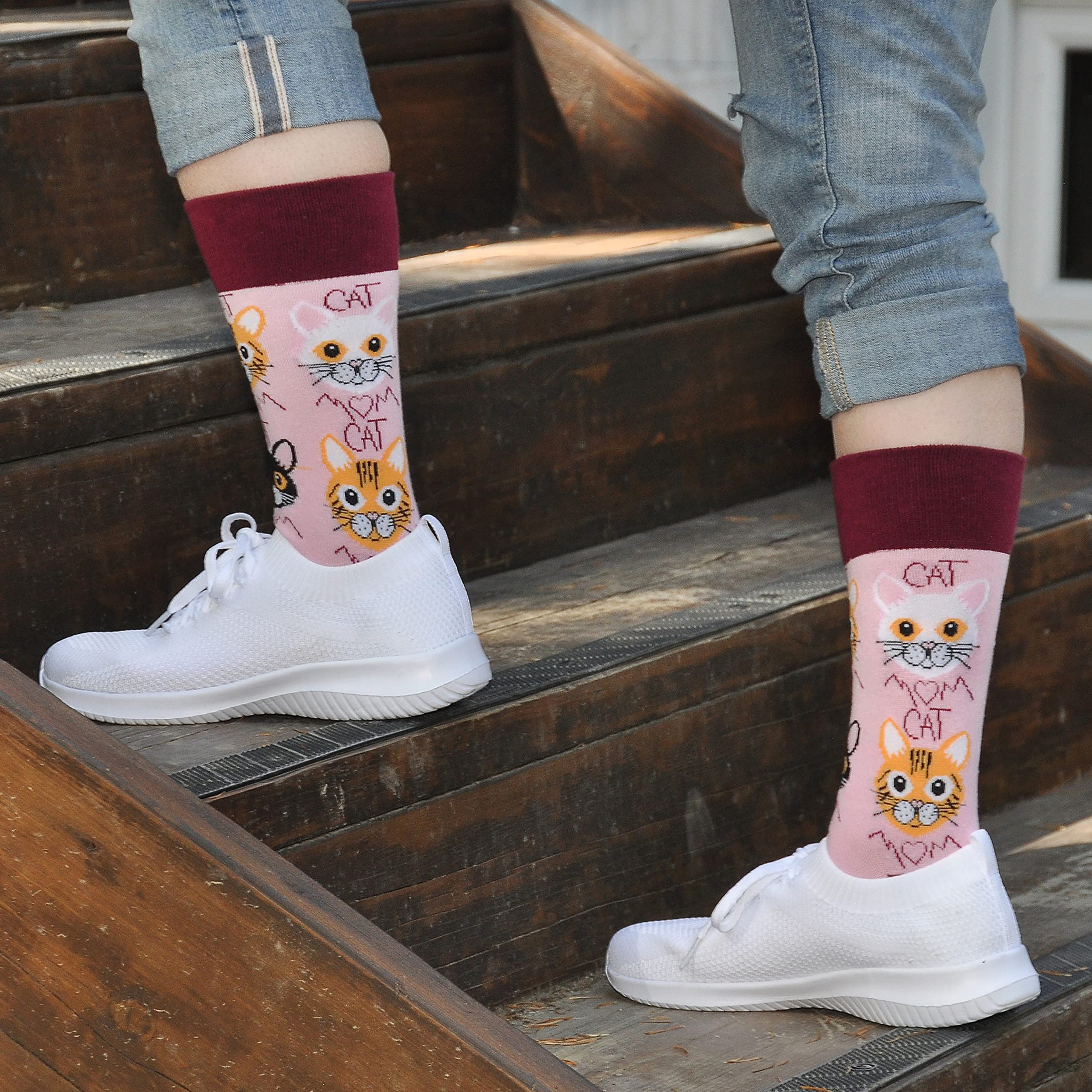 Cavertin Womens Novelty Socks With Gift Box Cat Lover Dog Mom Book Lover Cat Mom Llama Unicorn Sloth Corgi (Cat Mom)
