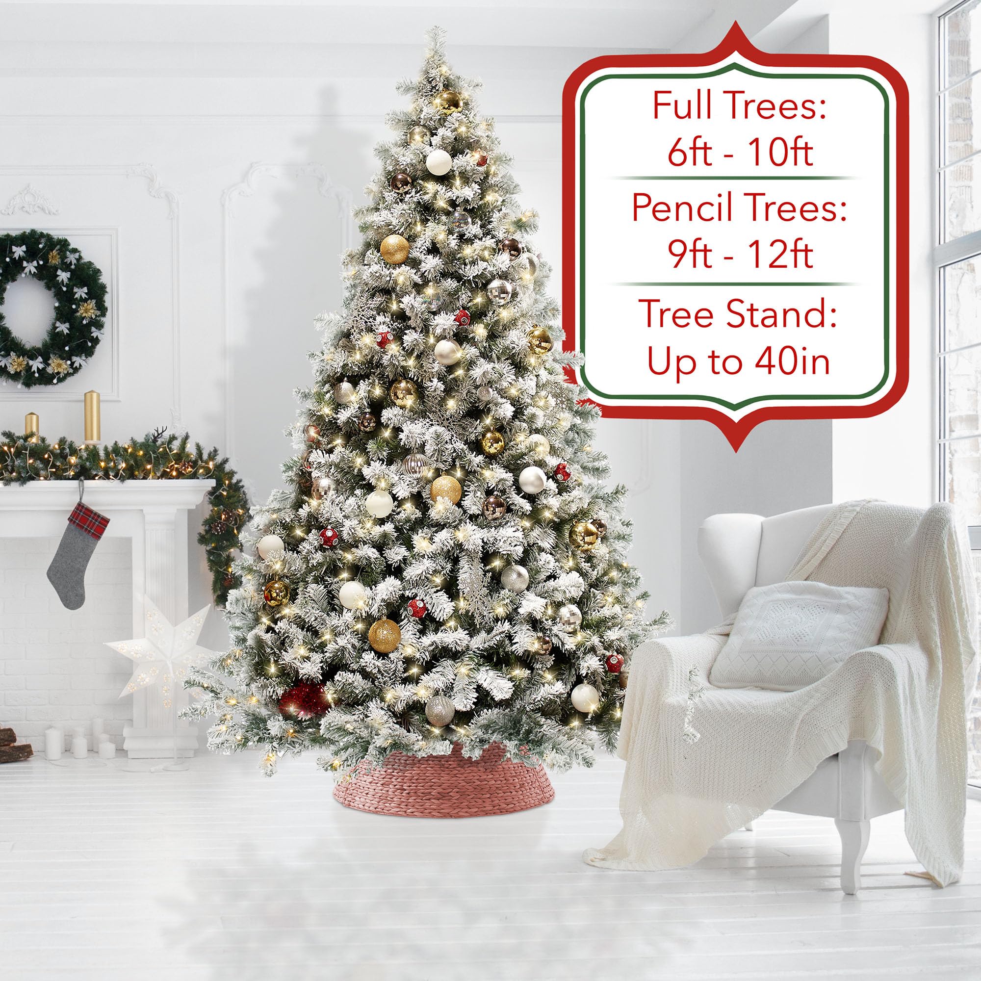 Casafield 24-Inch Christmas Tree Collar, Woven Water Hyacinth Tree Base Cover with Cord Cut Out, Pink