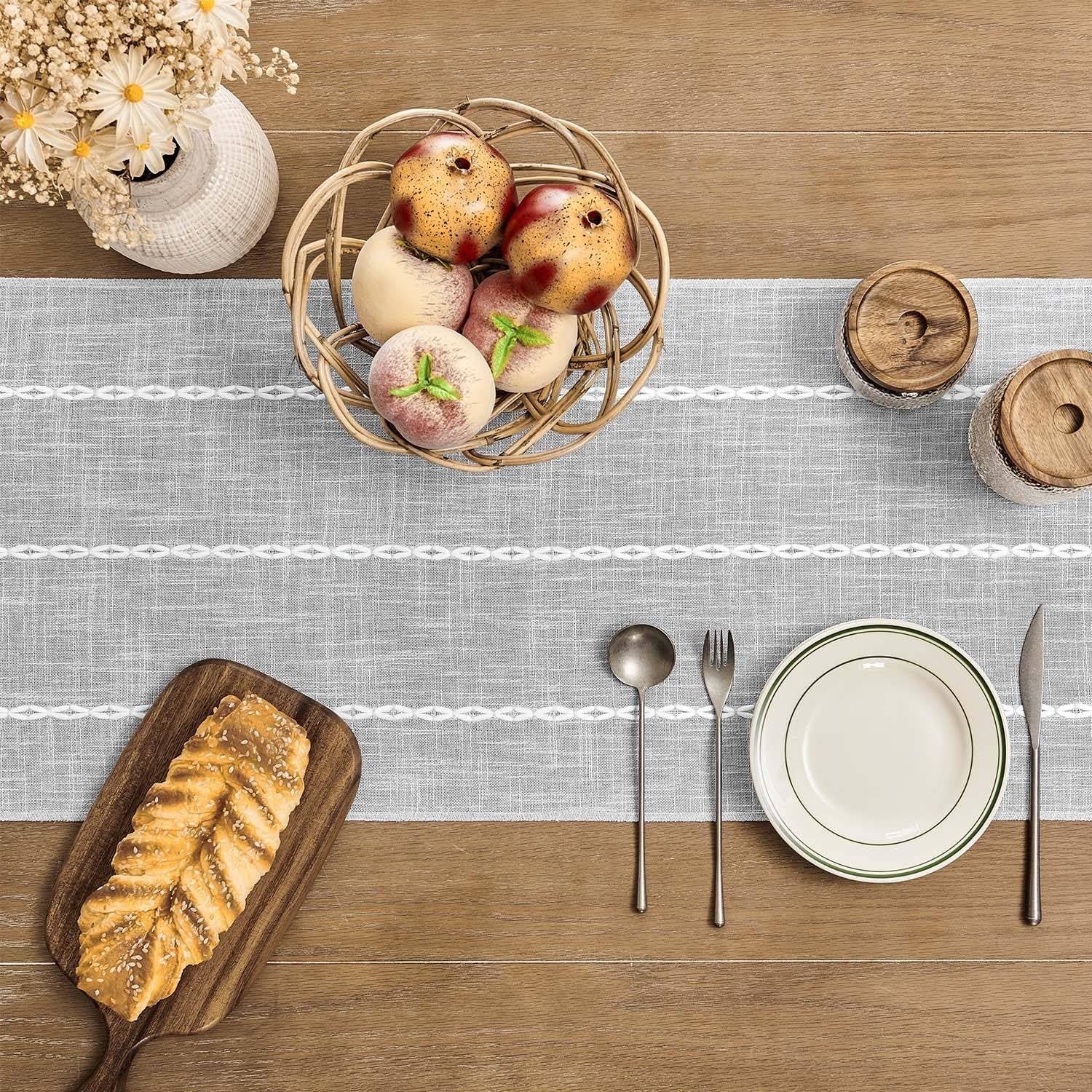 Zeemart Farmhouse Table Runner, Rustic Table Runners 72 Inches Long, Linen Boho Table Runner, Braided Striped Grey Table Runner
