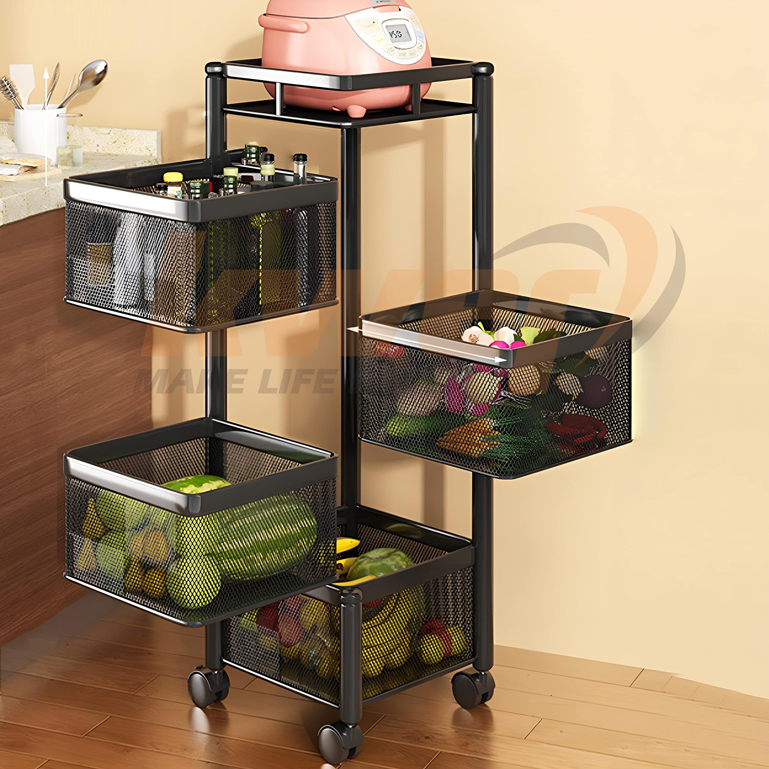 KWER Kitchen Trolley Square Onion Baskets for Storage Layer-3 Kitchen Accessories Items and Vegetable Basket for Kitchen Organiz