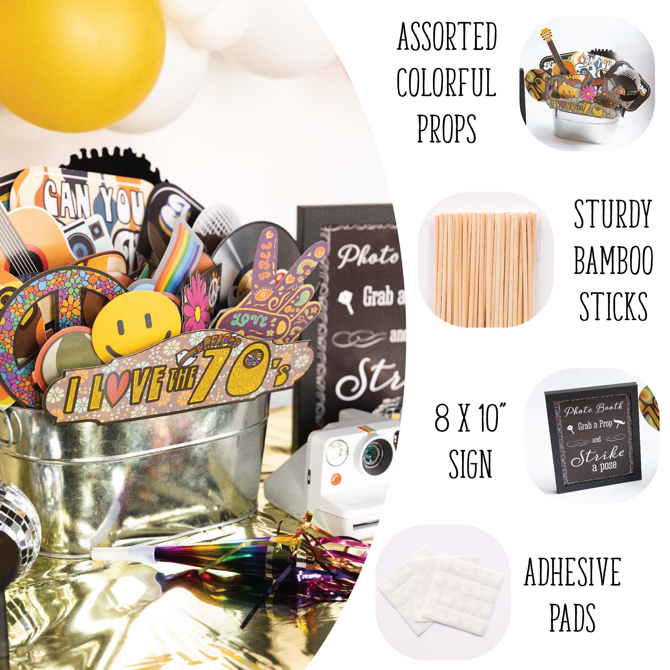 70S Photo Booth Props - 41-Pc Disco Photo Booth Kit With 8 X 10-Inch Sign, 60 Adhesive Pads, 45 Sticks - Disco Photo Booth Props