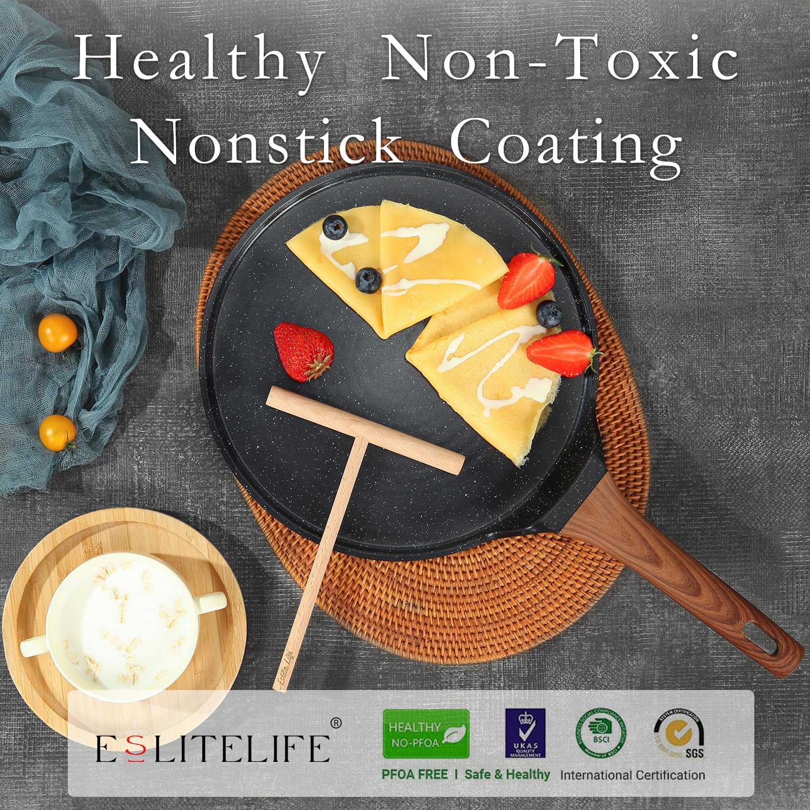 Eslite Life 11 Inch Crepe Pan With Spreader, Nonstick Ceramic Flat Skillet Dosa Tawa Comales Para Tortillas Pancake Pan, Ptfe &
